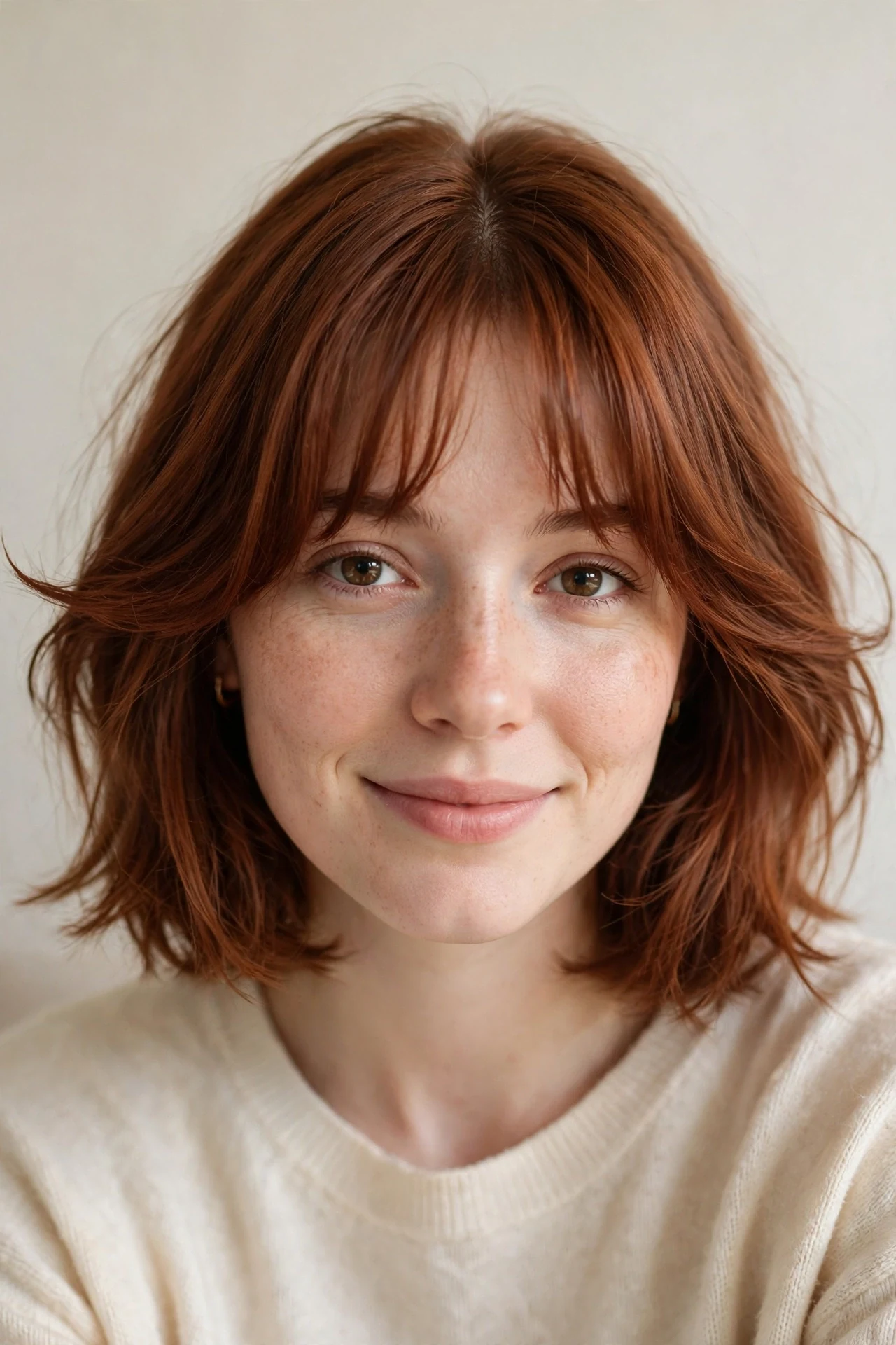 Woman with a bob and growing out curtain bangs swept to the sides