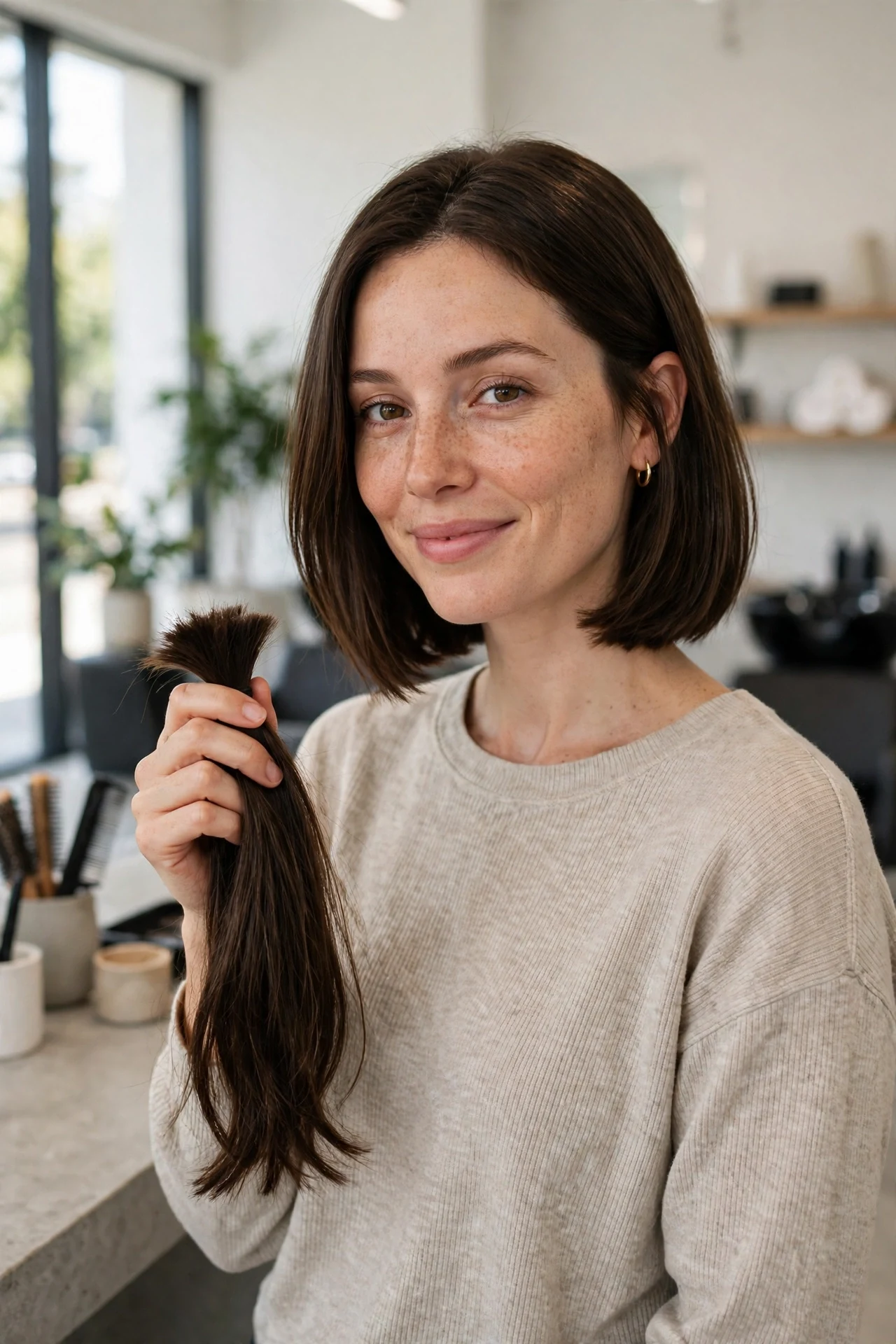 Woman with a fresh long to bob haircut holding her cut long hair in a salon