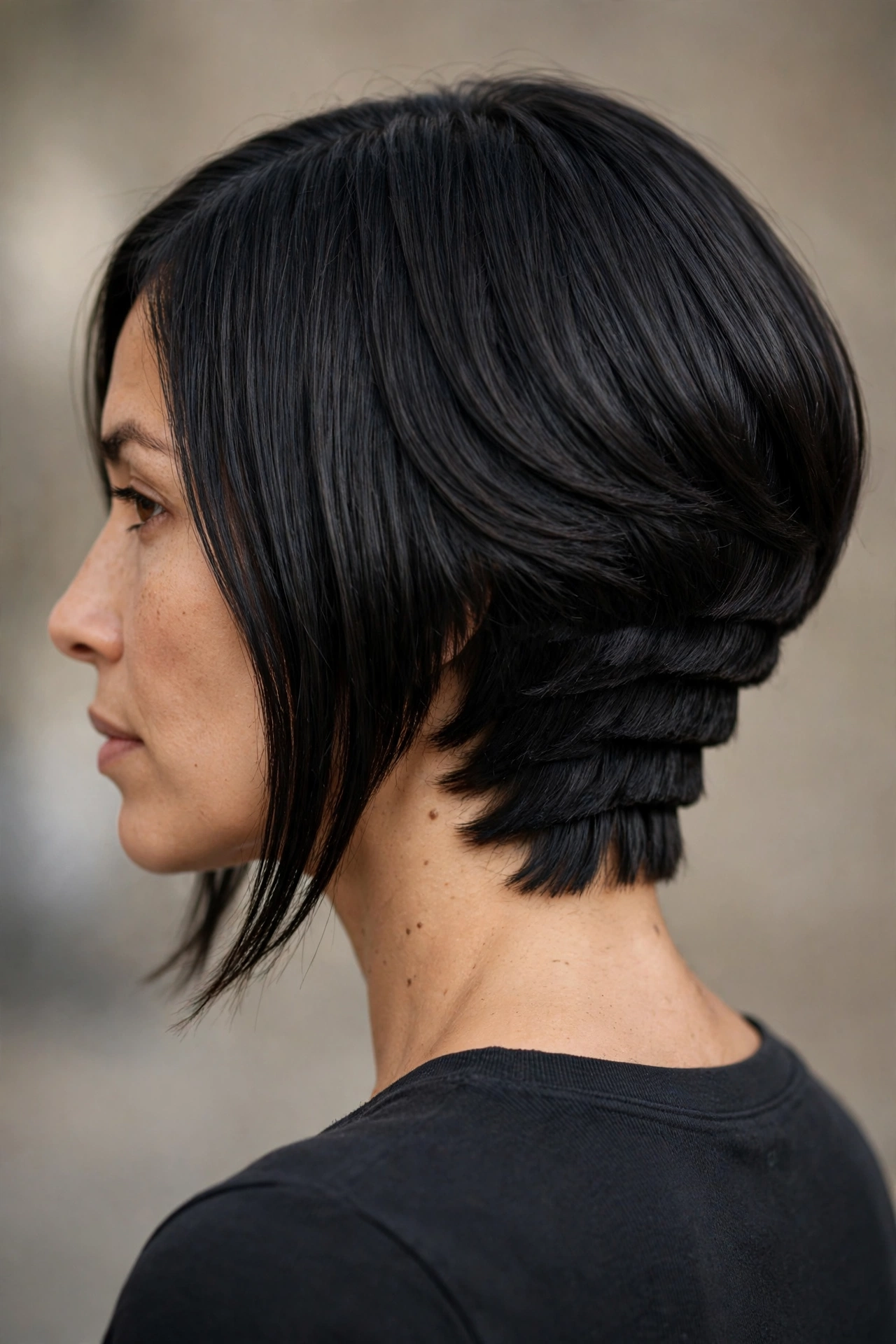 Inverted layered bob with stacked layers at the nape