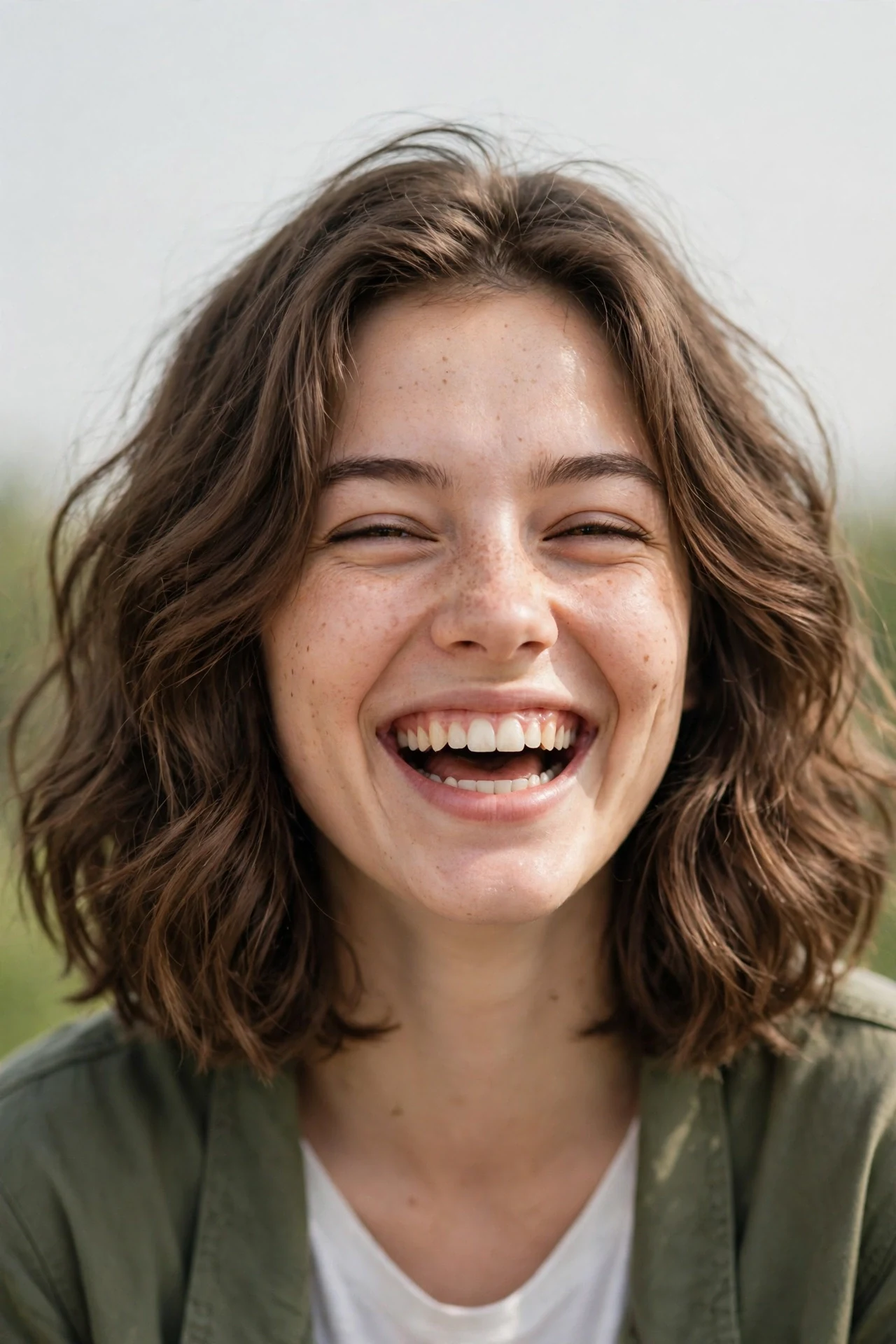 Layered bob with soft movement on a young woman with wavy brown hair