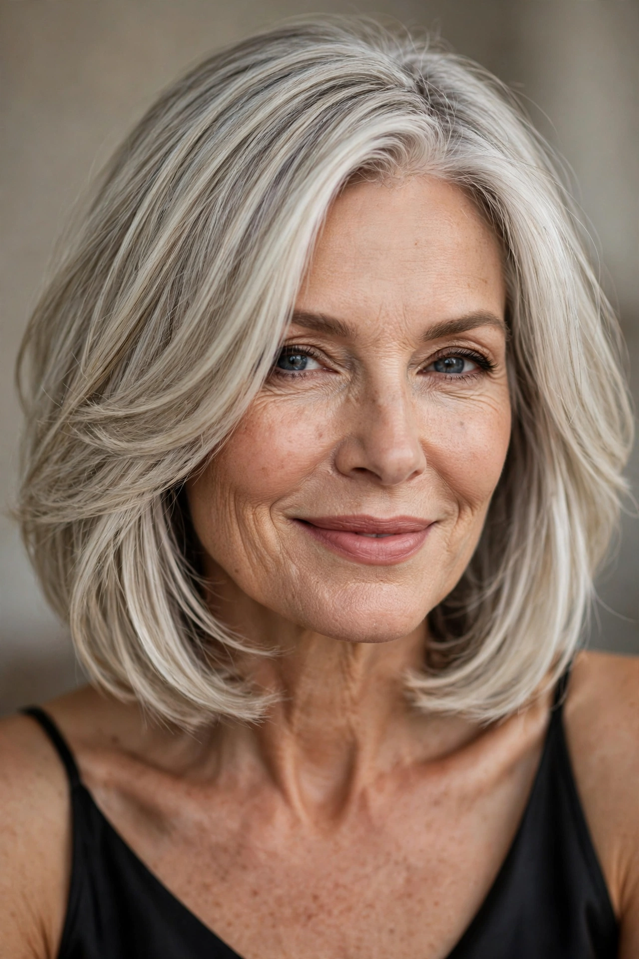 Flattering layered bob for women over 50 with face framing layers