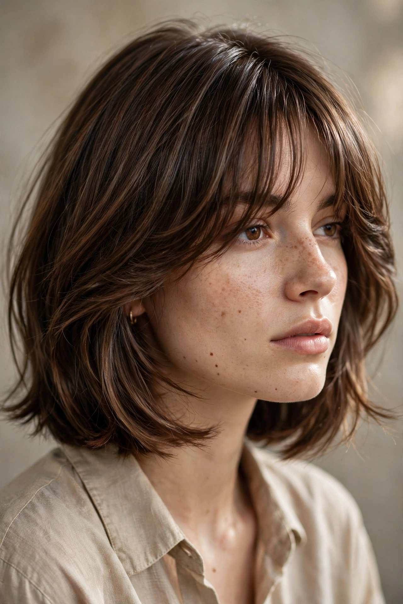 Layered bob with curtain bangs blending into layers