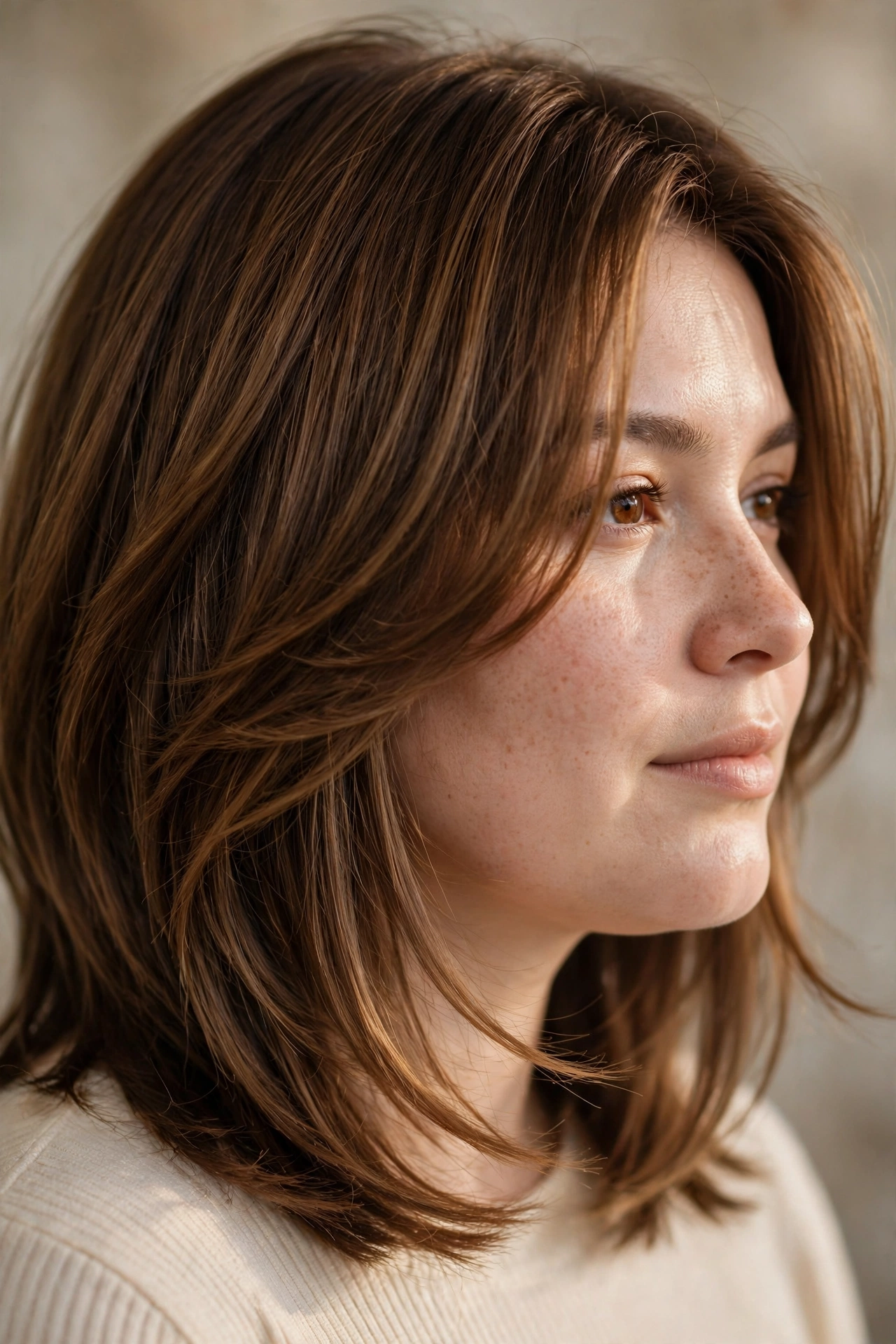 Layered bob styled to elongate a round face