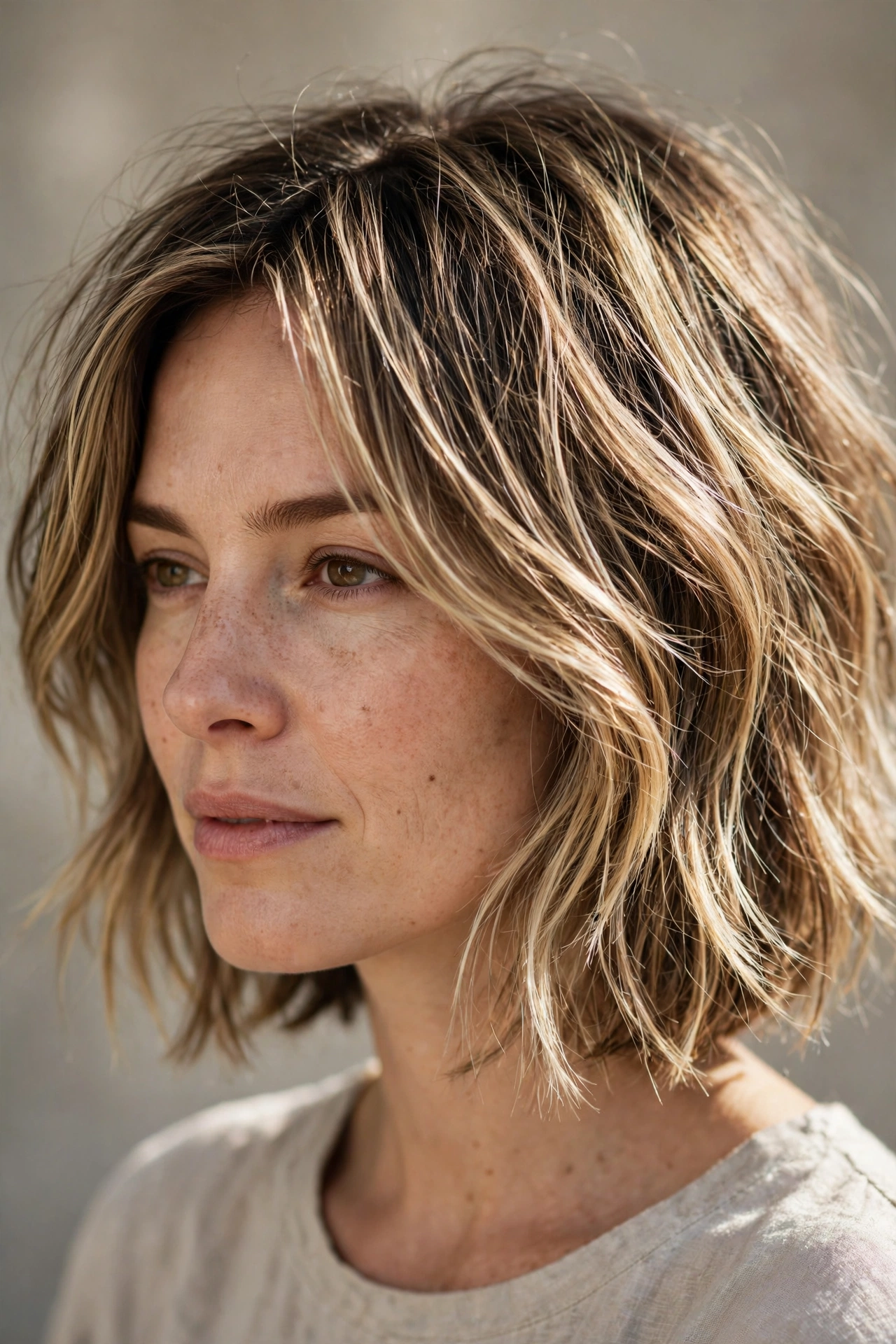 Modern lived in layered bob, effortless and low maintenance