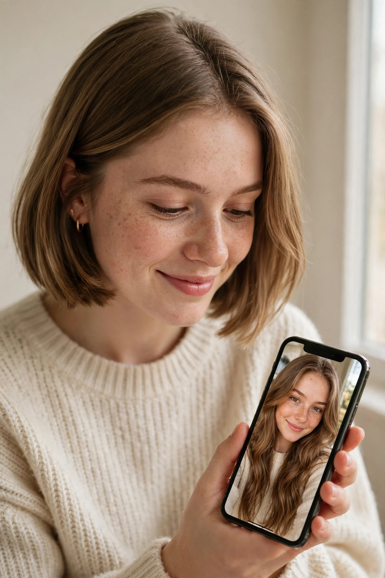 Young woman with a new bob looking at a photo of her old long hair on her phone