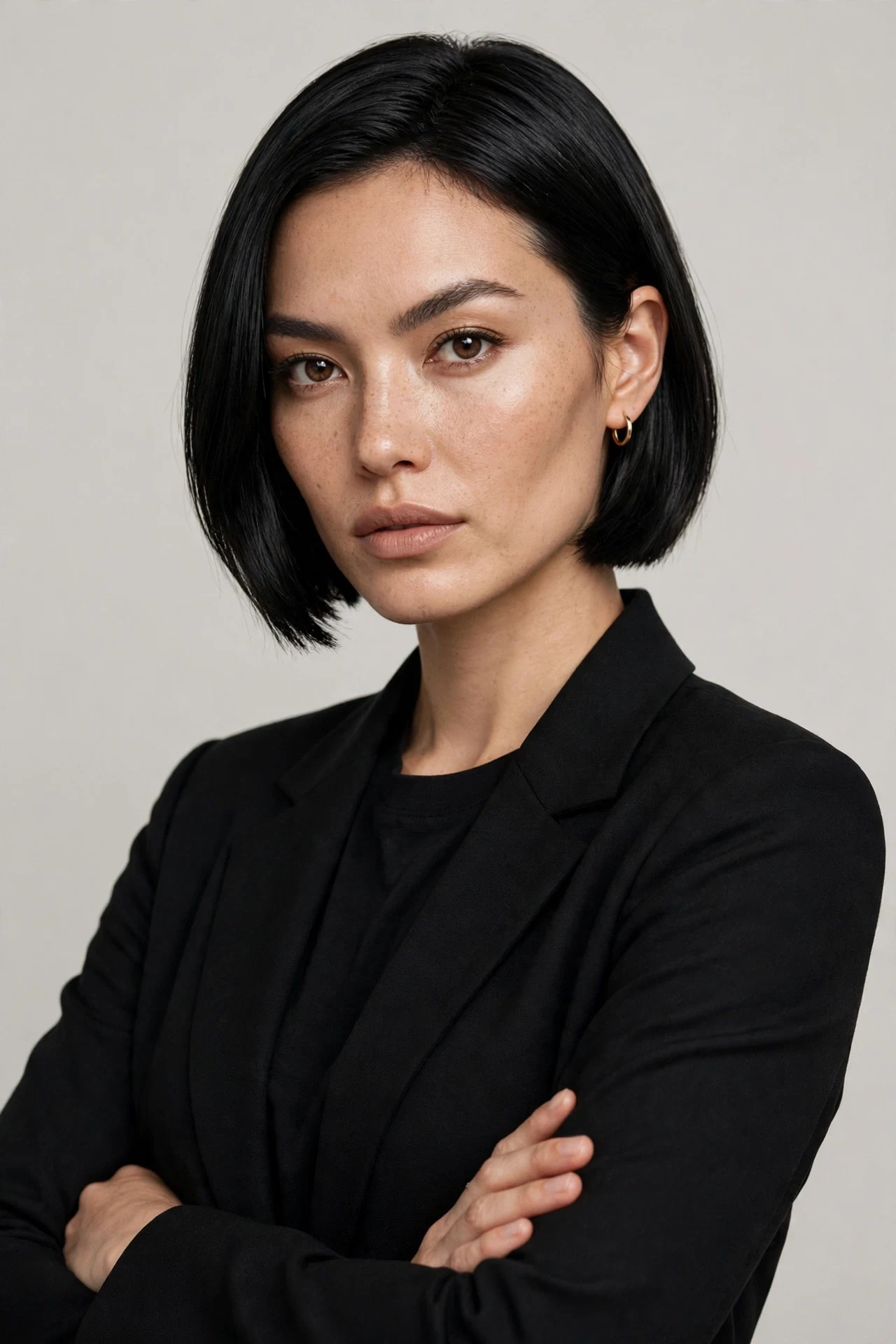 Short chic jaw length bob with a sharp clean line on a confident woman