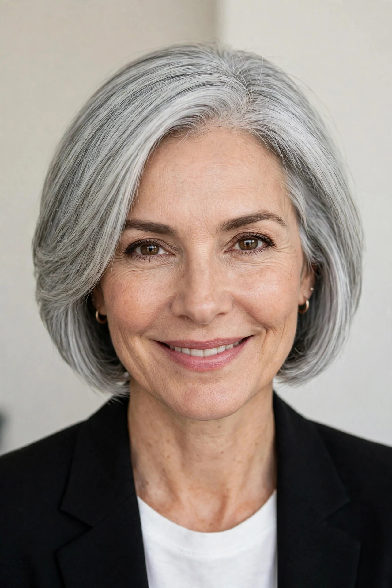 Neat freshly trimmed bob on an elegant woman over 50 with silver hair