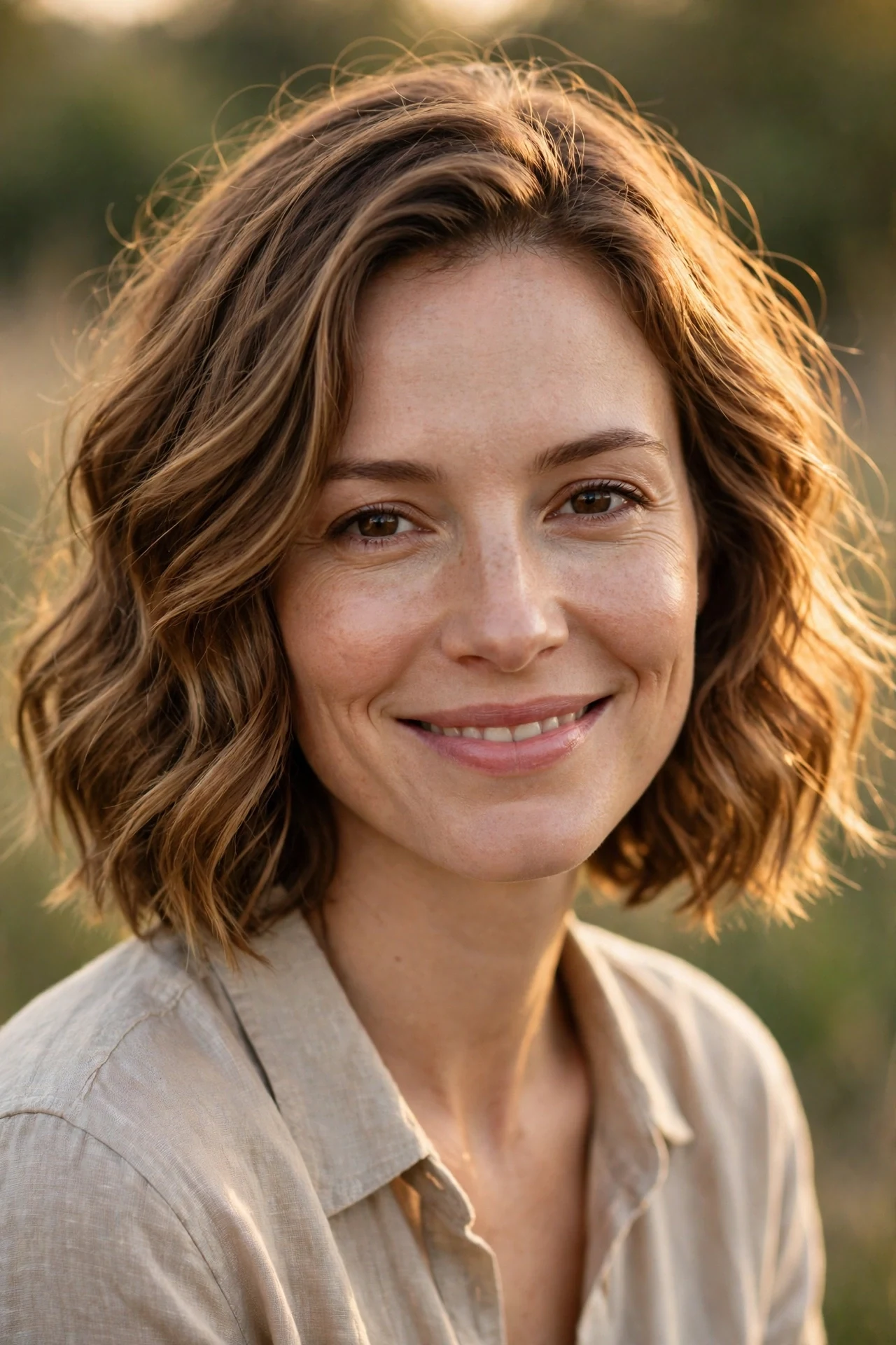 Wavy bob with soft loose waves on a woman outdoors