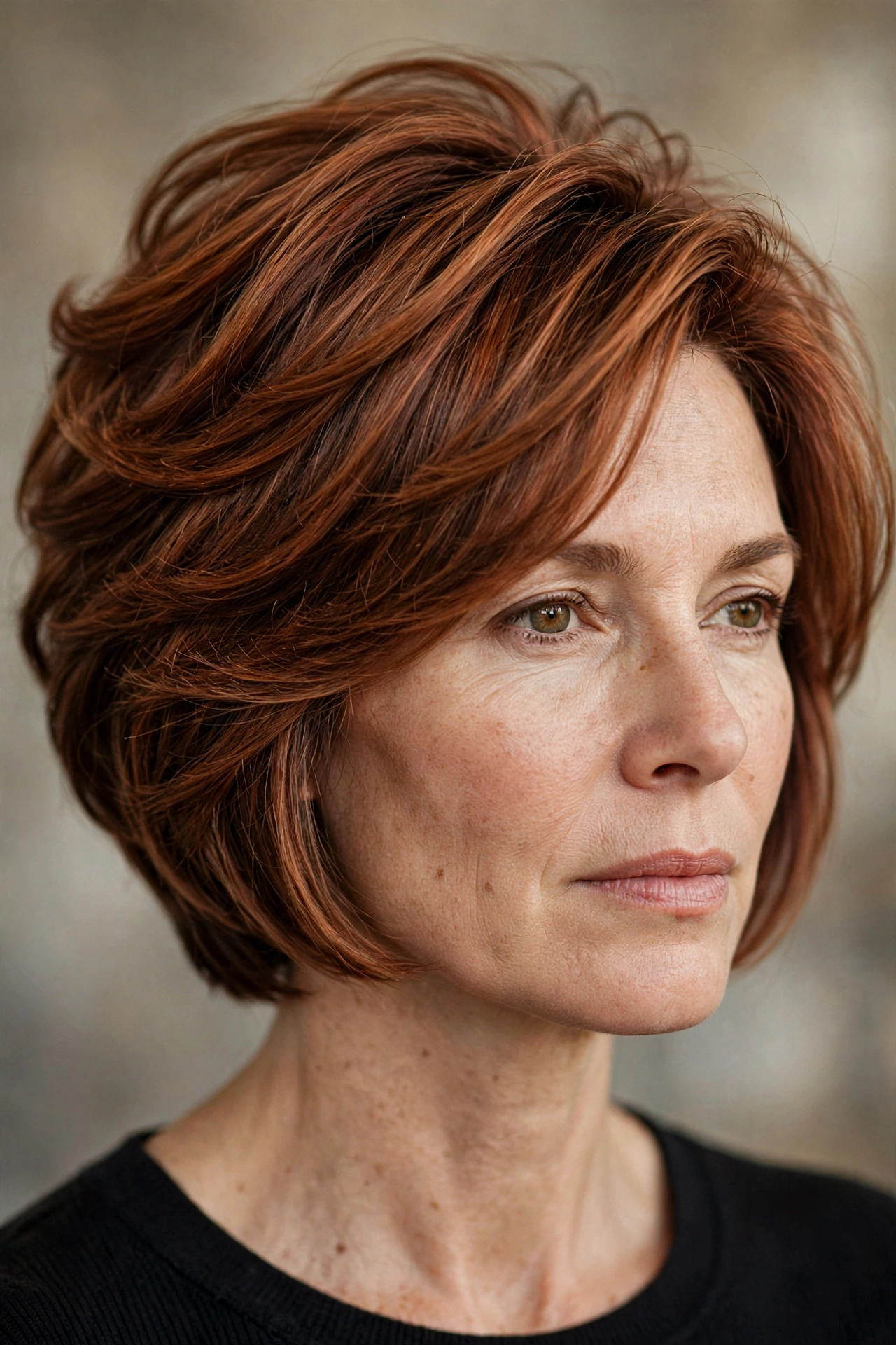 Stacked layered bob with serious lift at the nape