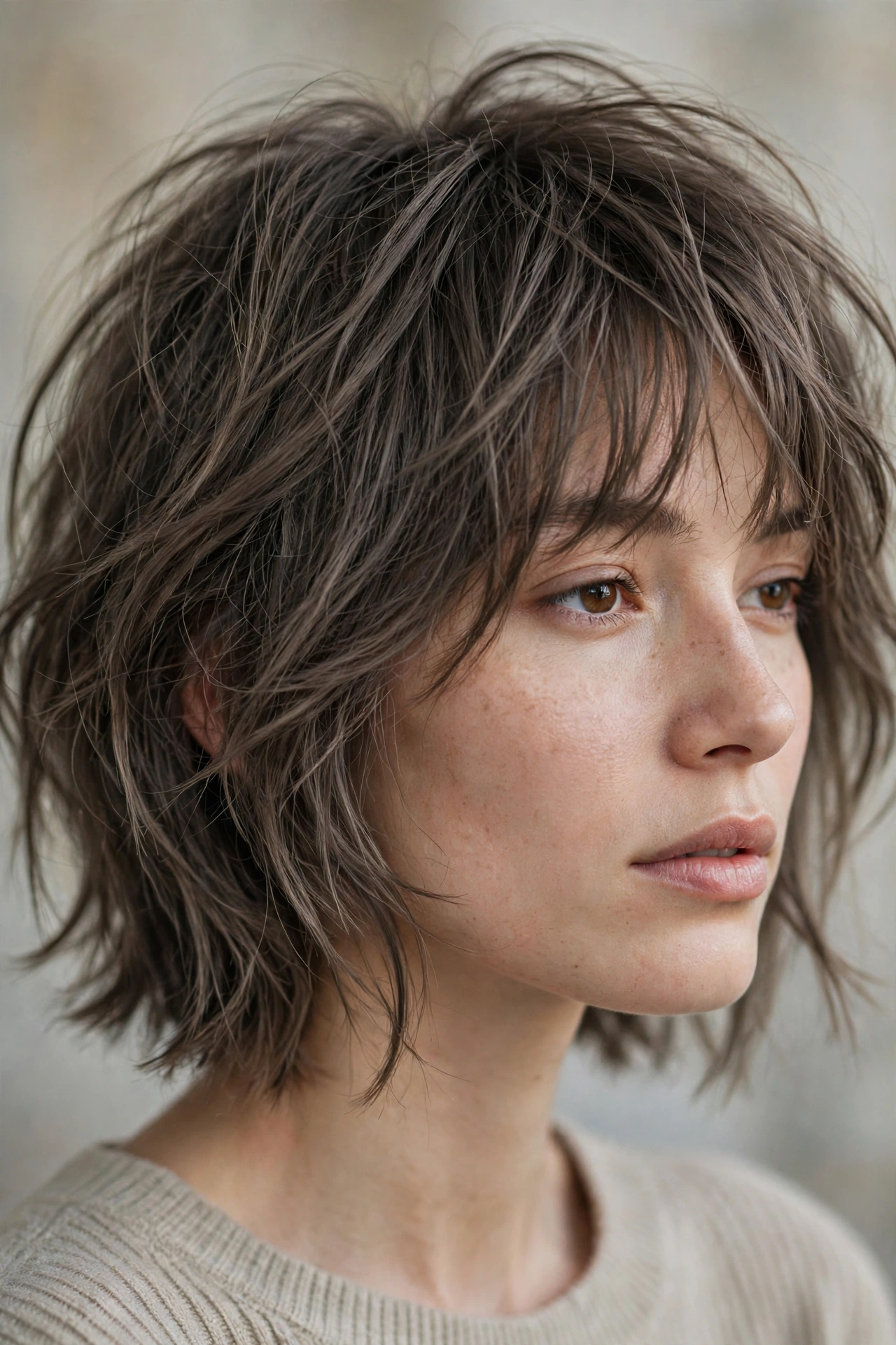 Tousled layered bob with lived in texture