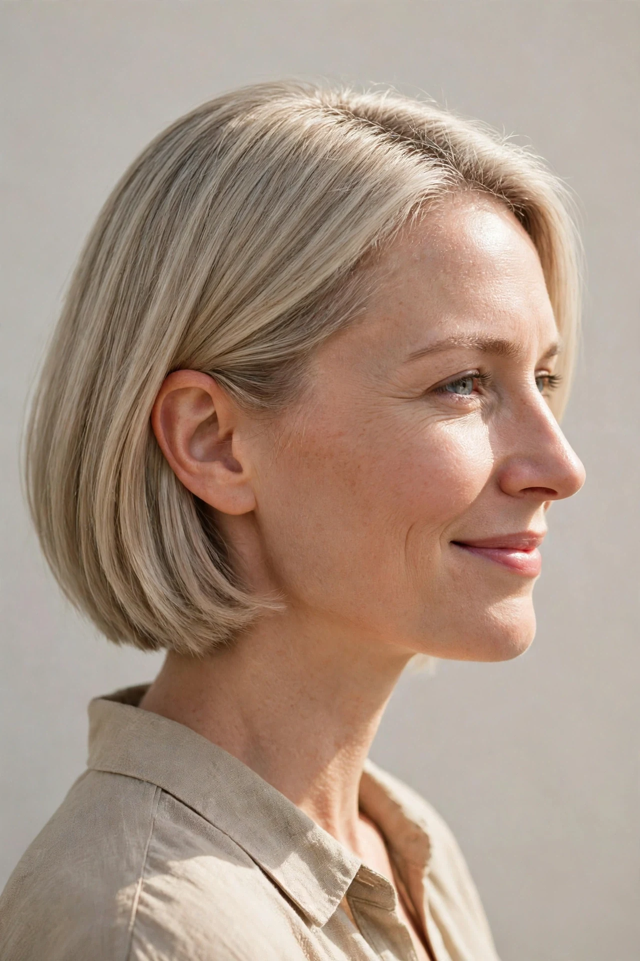 Chin length bob tucked neatly behind one ear on a woman with ash blonde hair