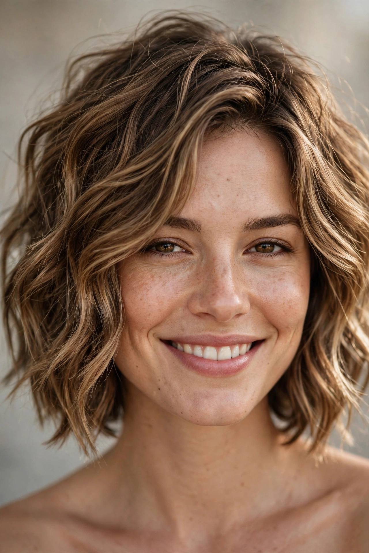 Wavy layered bob with beachy dimension