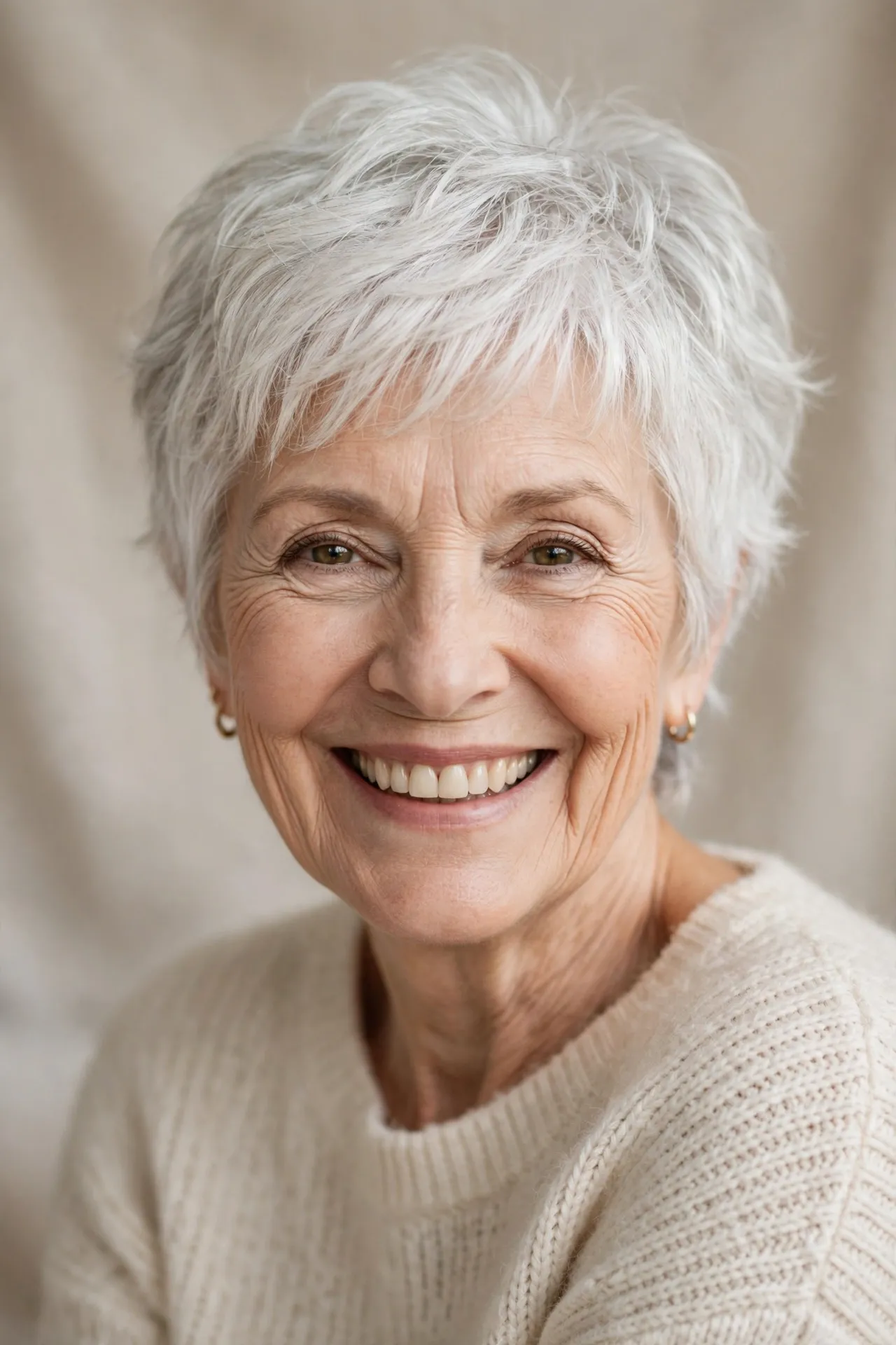 Airy layered pixie bob, white hair, women over 70