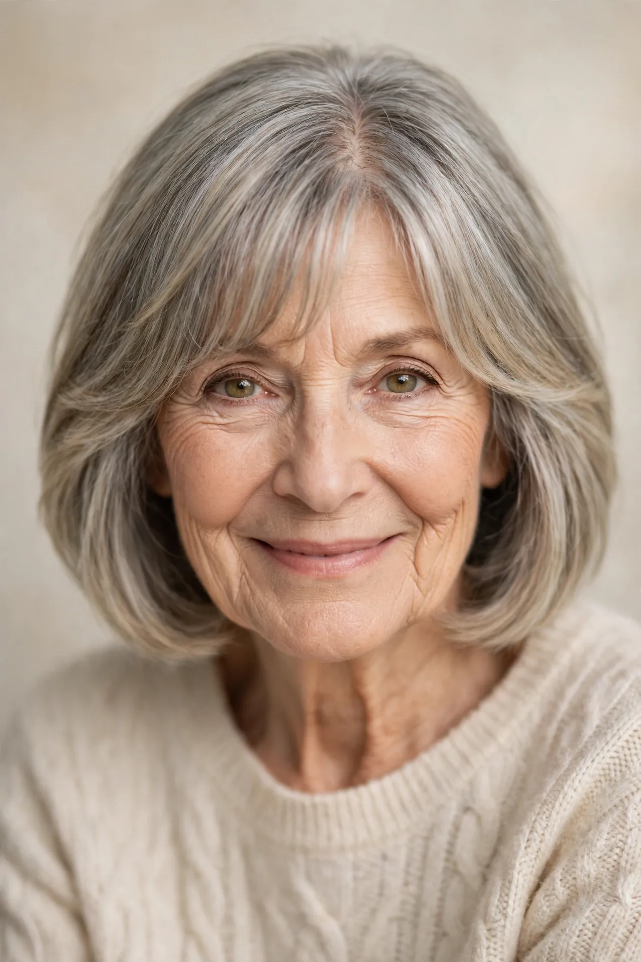 Layered bob with curtain fringe, gray blonde hair over 70