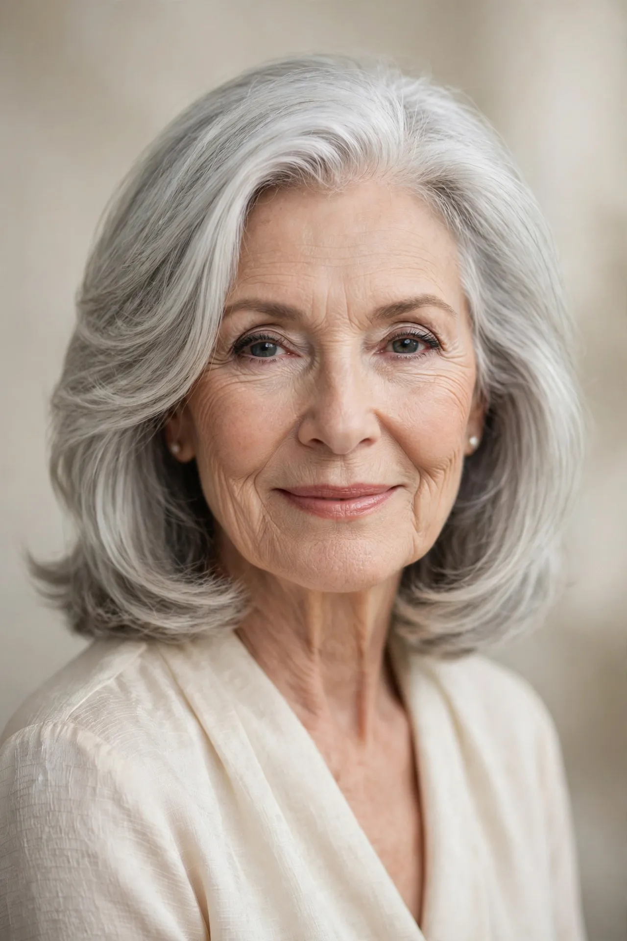 Elegant silver layered bob hairstyle for women over 70