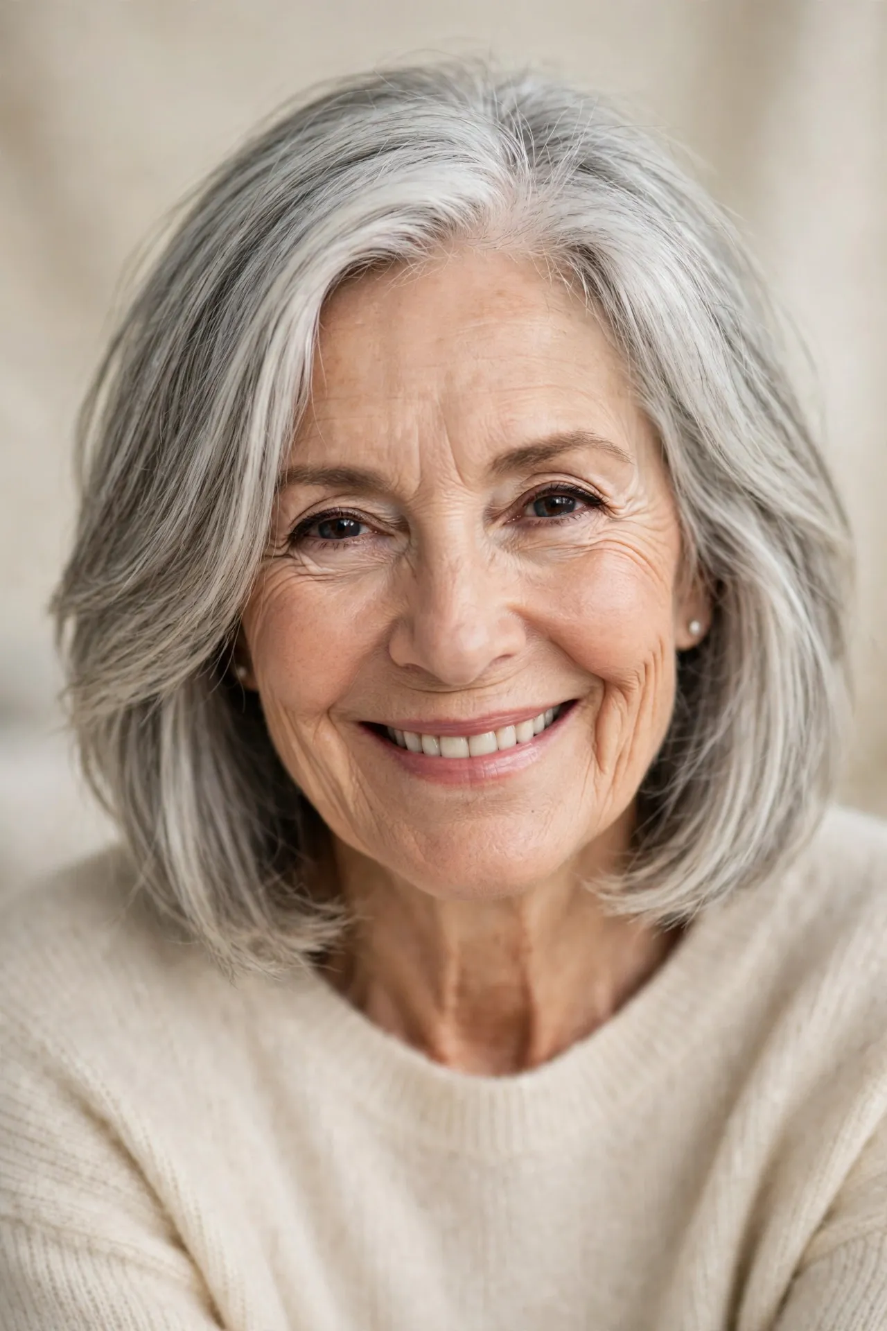 Layered bob with face framing pieces, silver gray hair