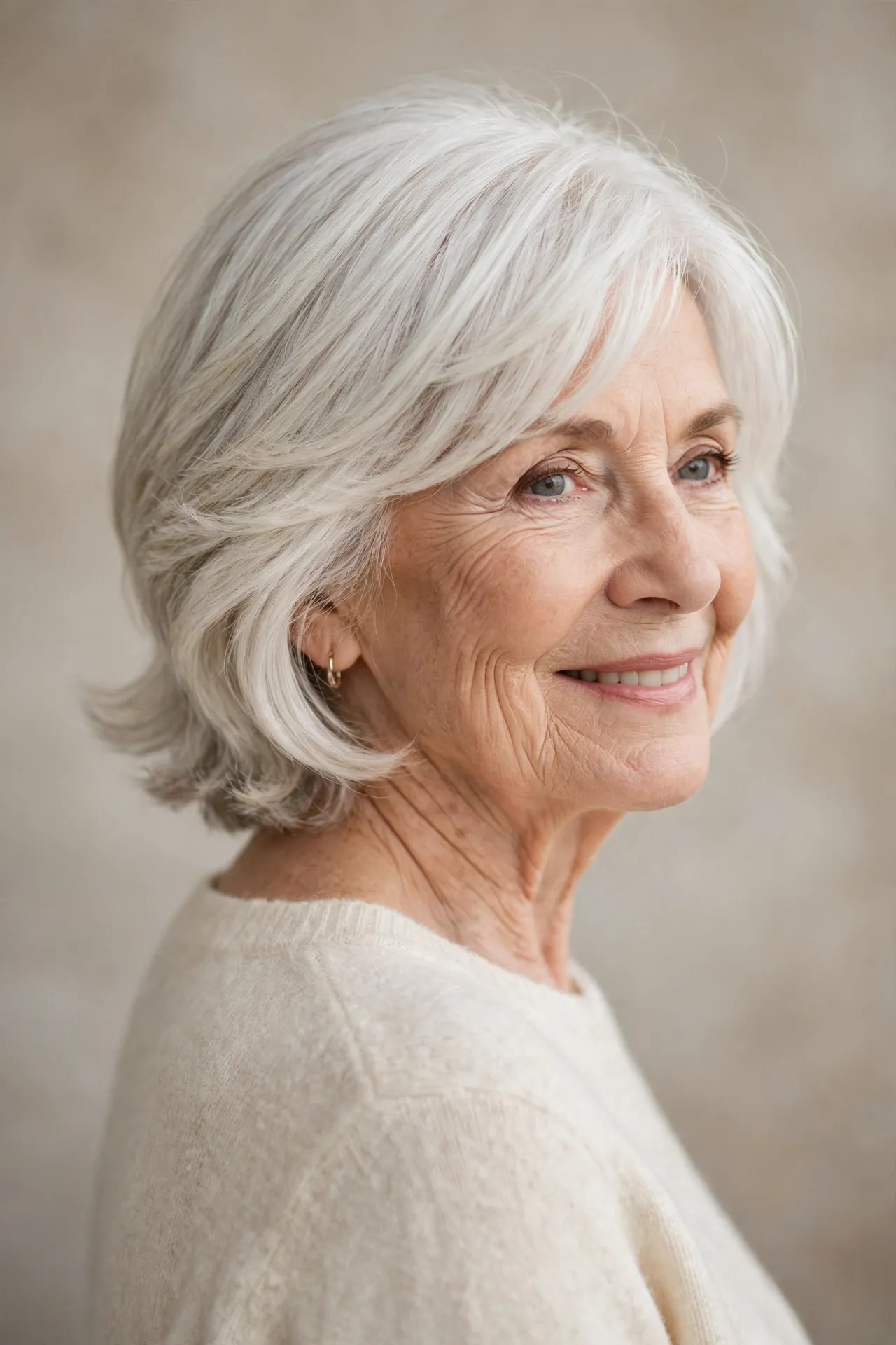Layered bob hairstyles for over 70 with feathered back layers, white hair
