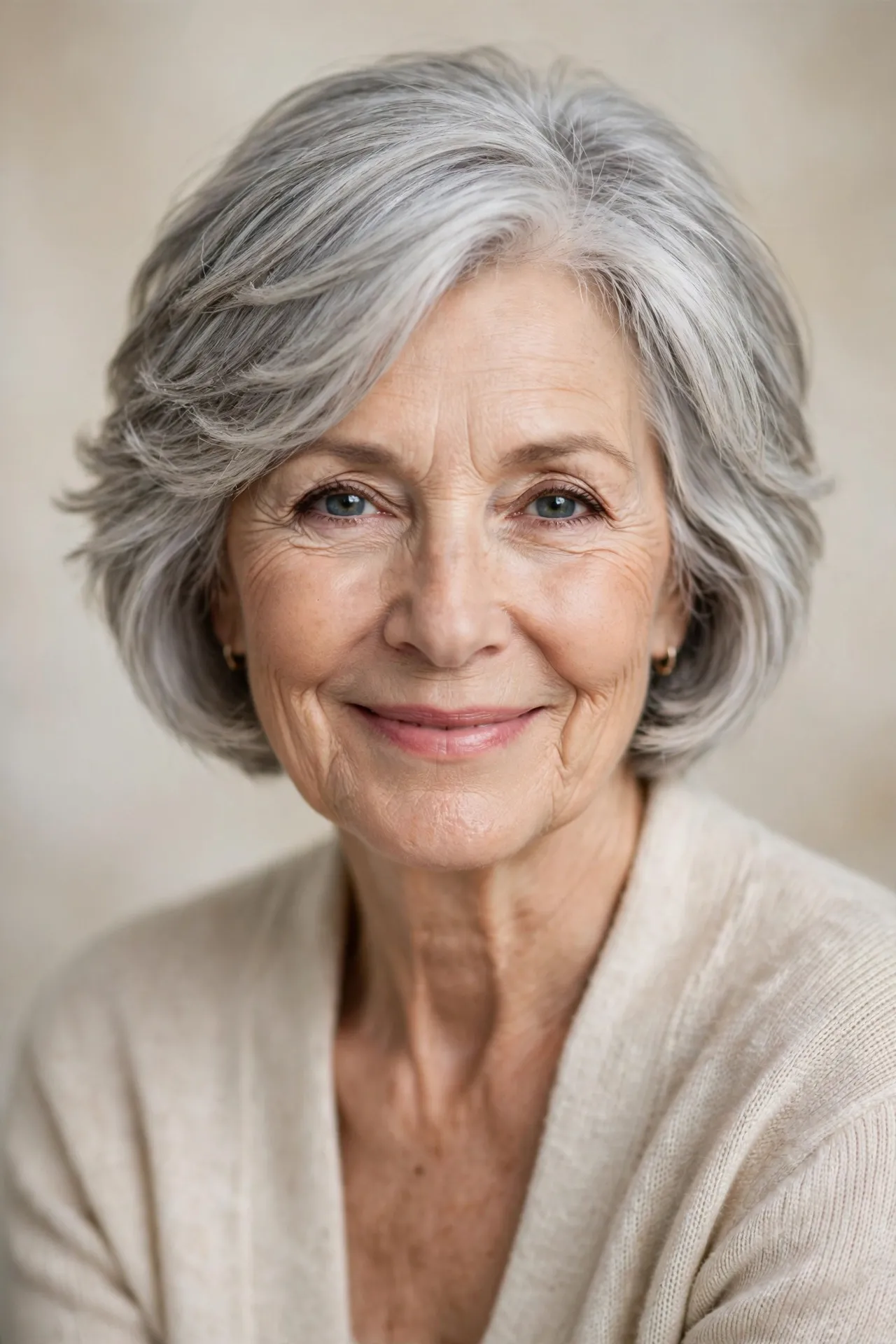 Soft feathered layered bob hairstyle for over 70, silver hair