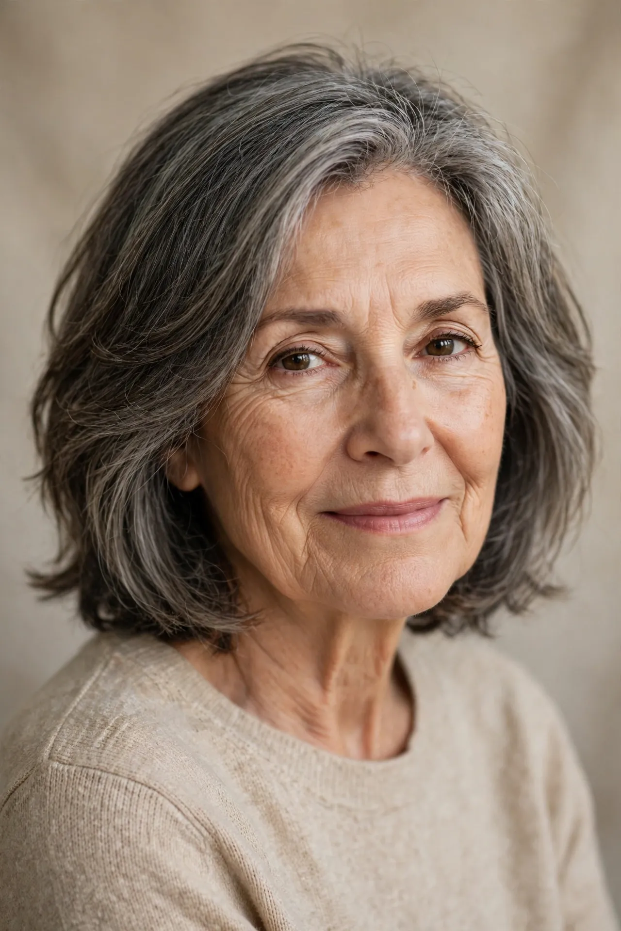 Low maintenance layered bob, salt and pepper hair over 70