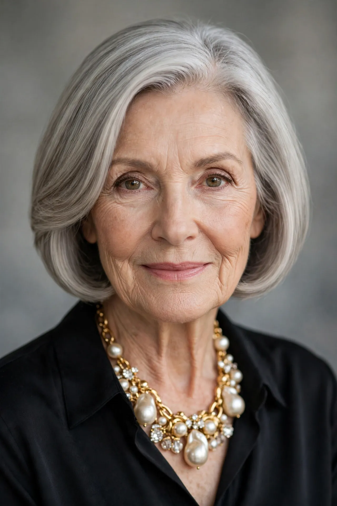 Polished layered bob, light gray hair, elegant women over 70