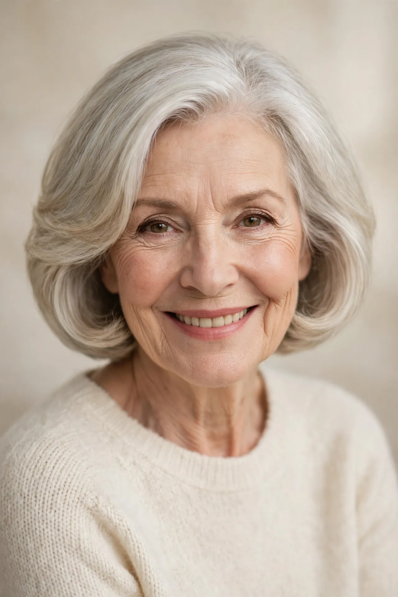 Rounded layered bob, silver blonde hair, women over 70