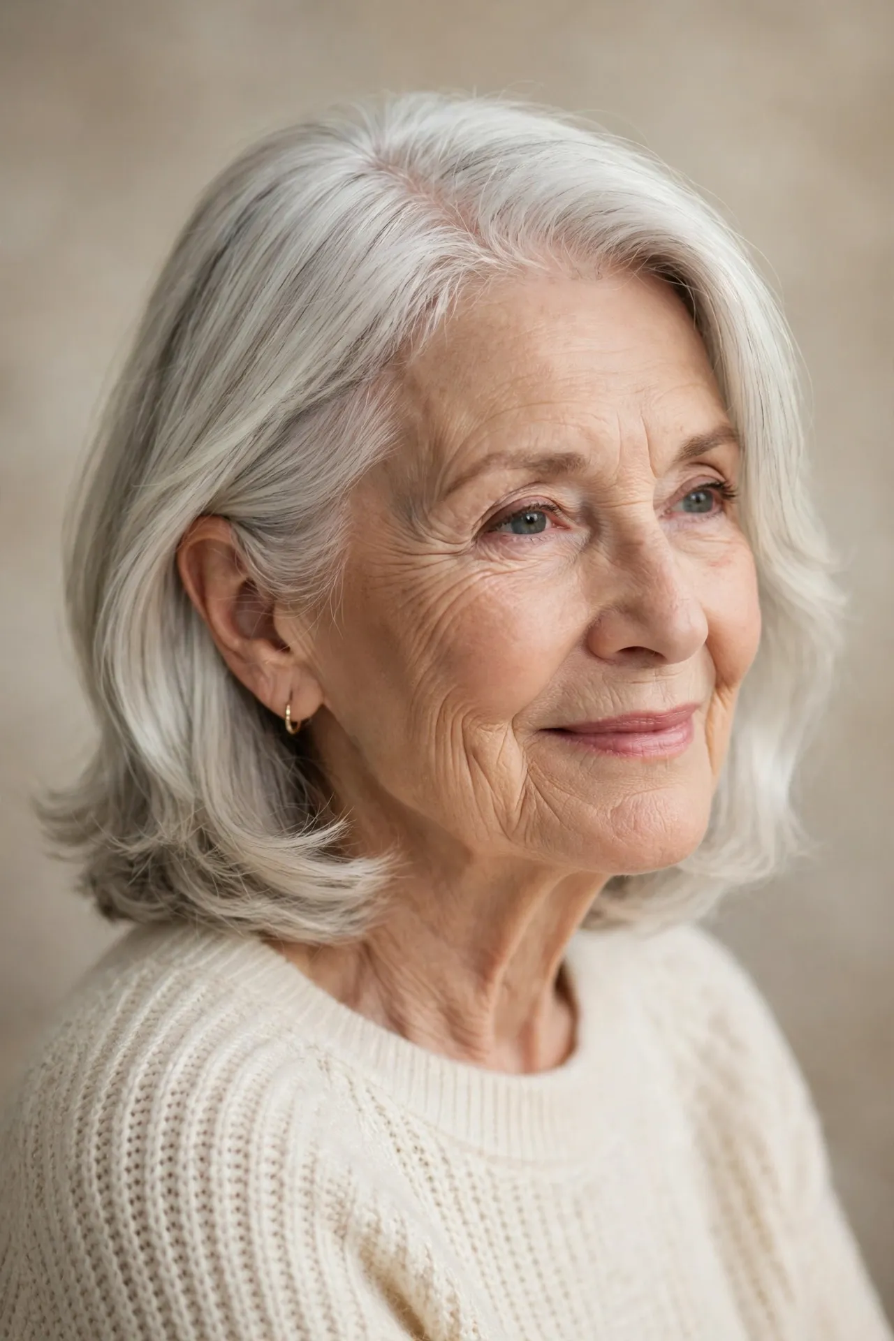 Side part layered bob on white hair, women over 70