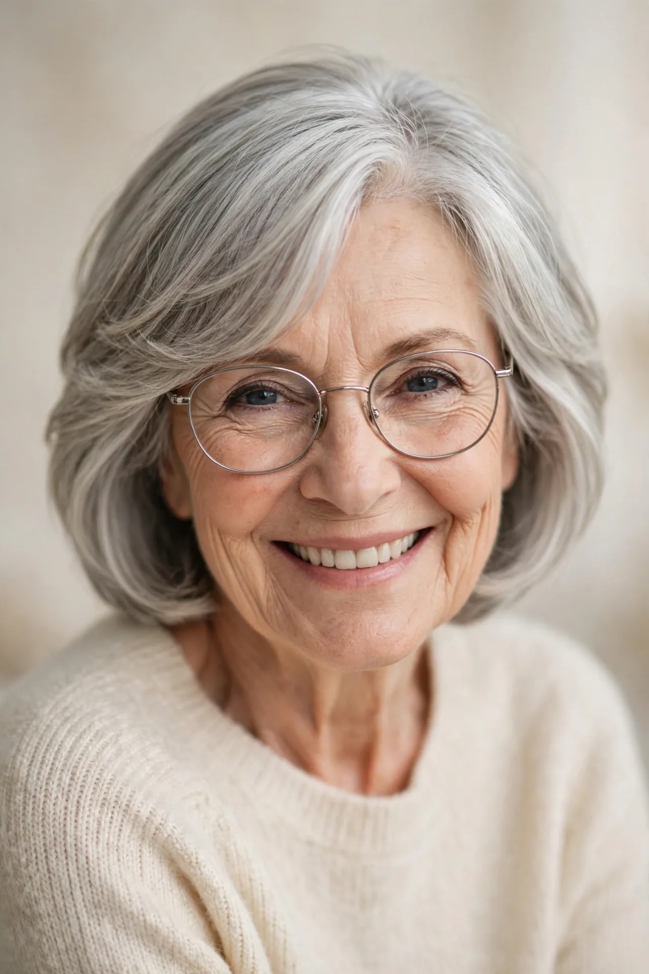 Layered bob with side swept bangs, silver hair over 70