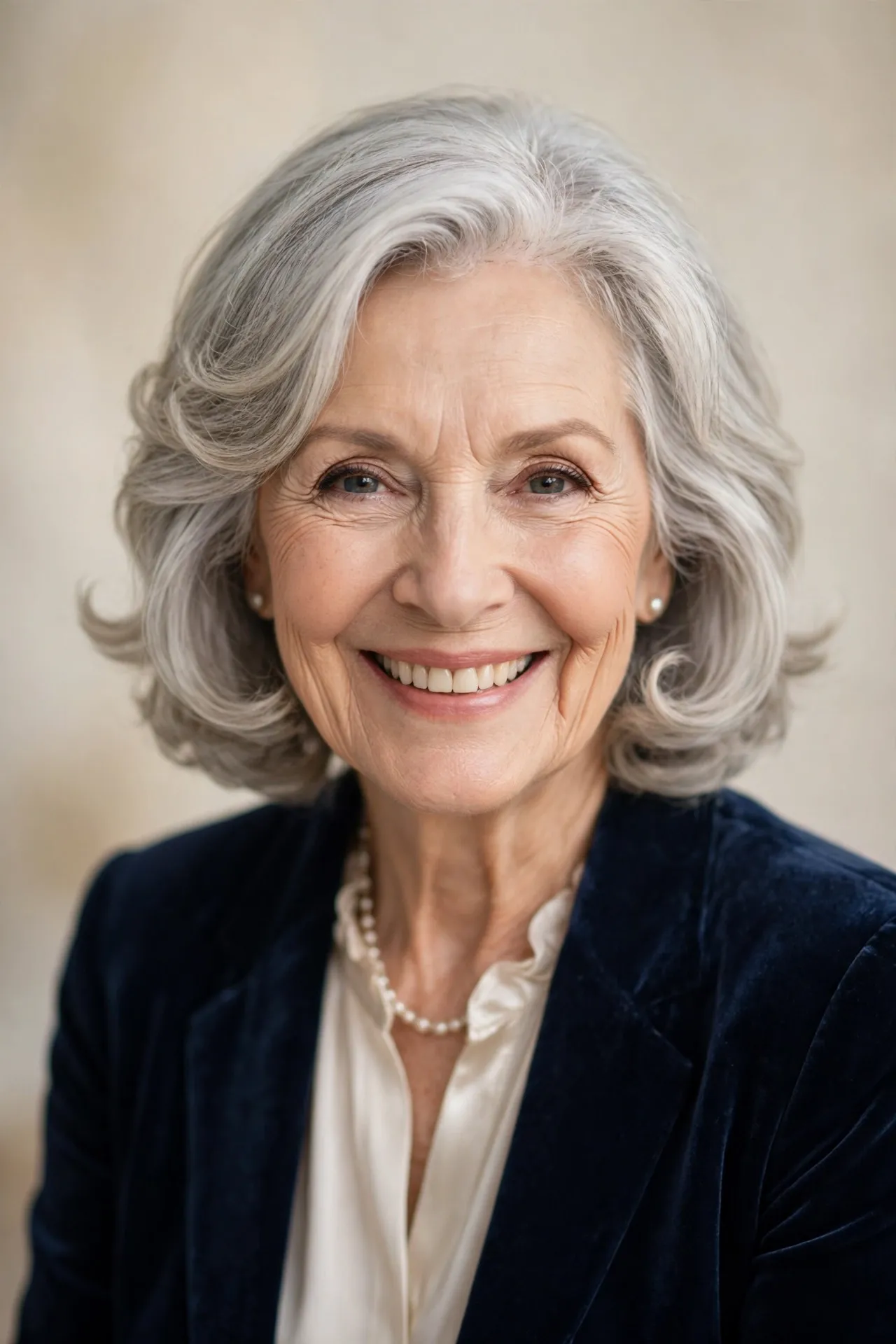Soft curled layered bob, silver hair with gentle waves