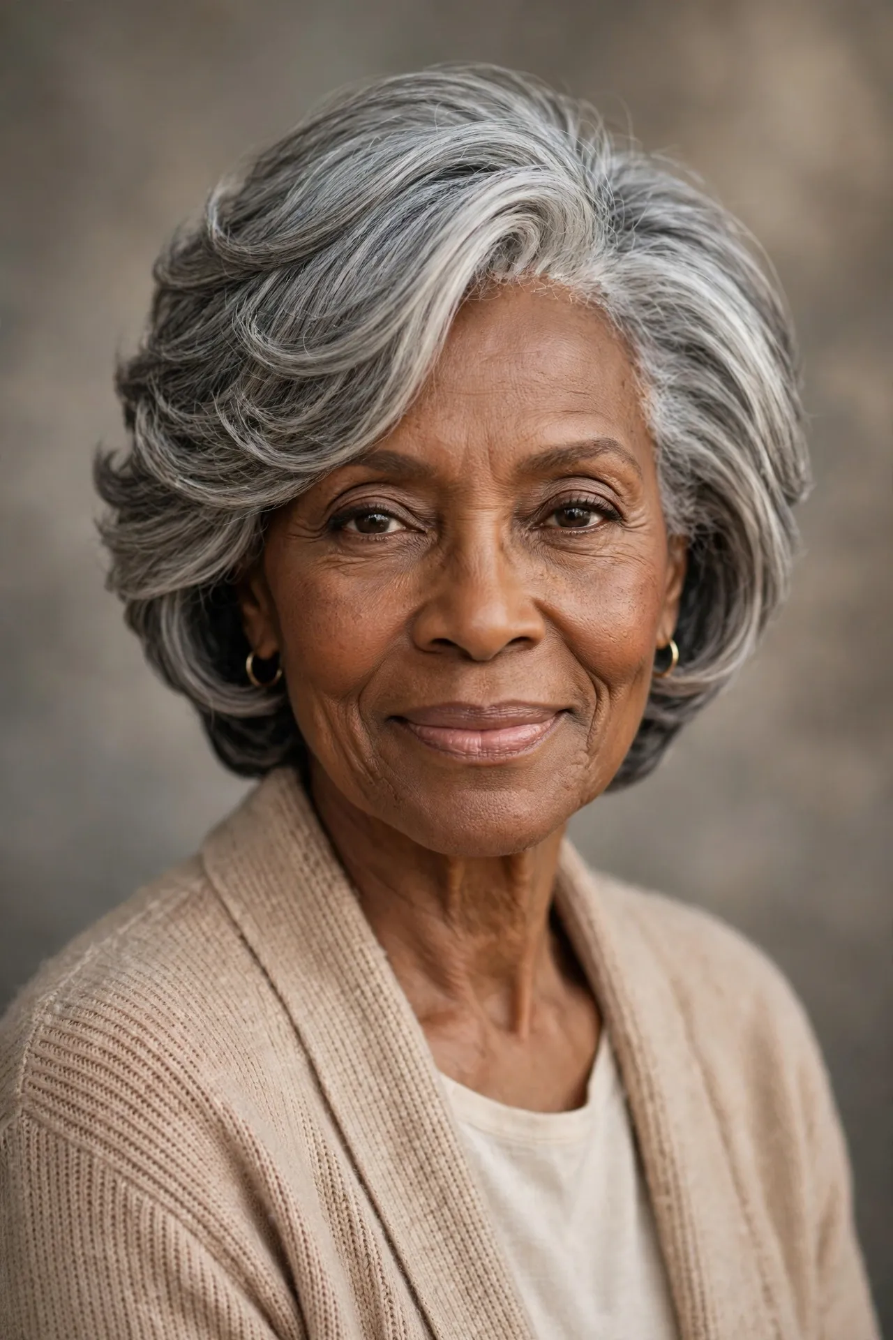 Stacked layered bob with graduated back, gray hair over 70
