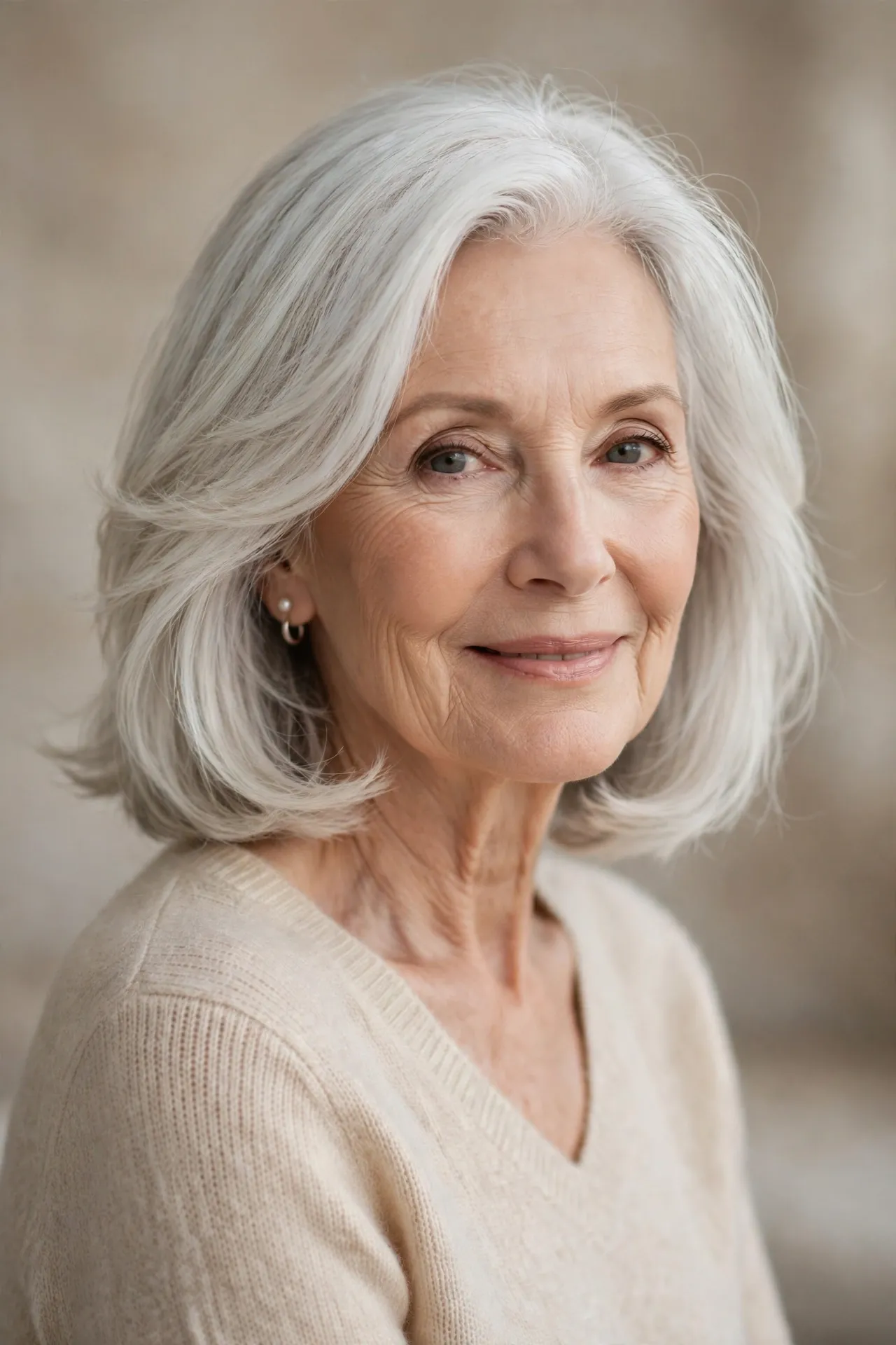 Neck length bob with swinging layers, white hair