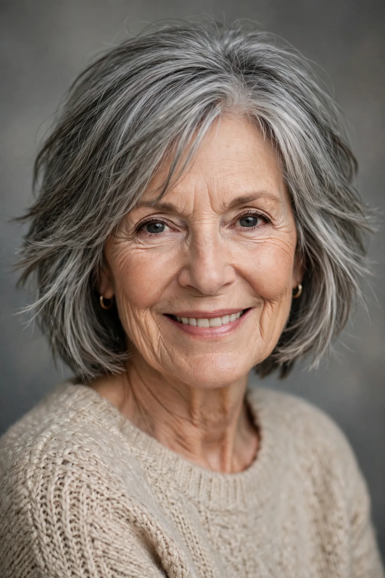 Layered bob with textured ends, gray hair