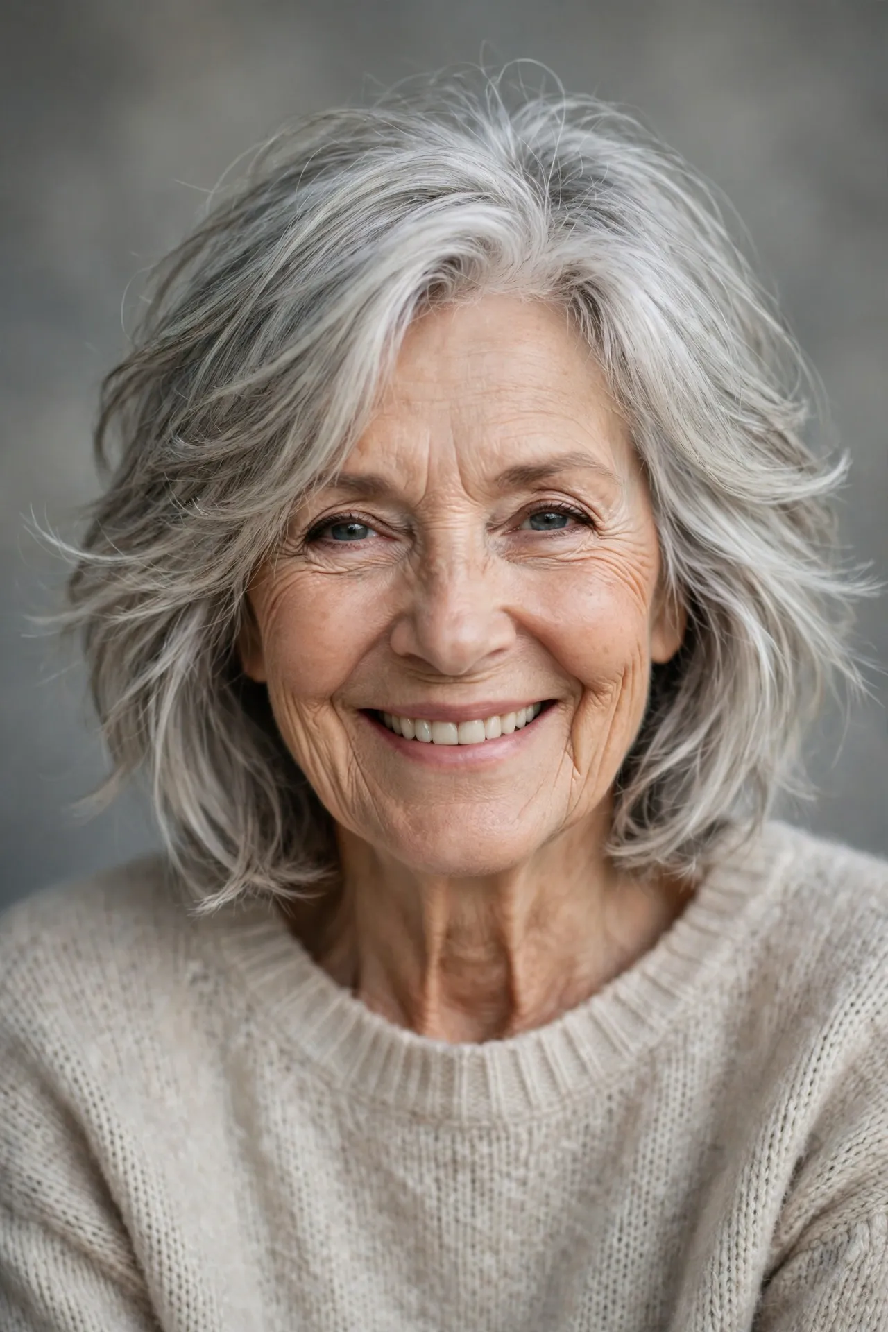Tousled layered bob hairstyle for over 70, silver hair