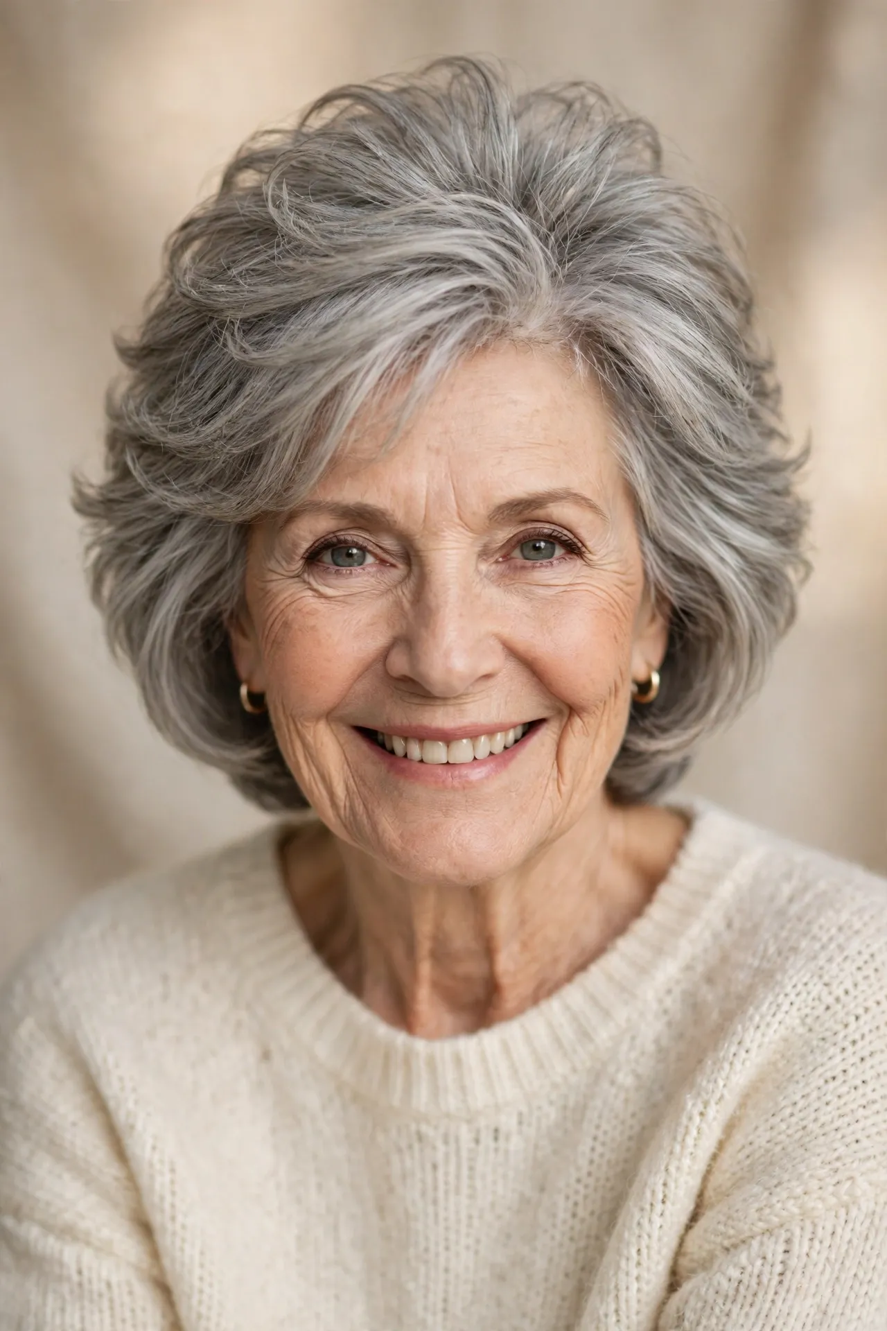 Layered bob with volumized crown, gray hair women over 70