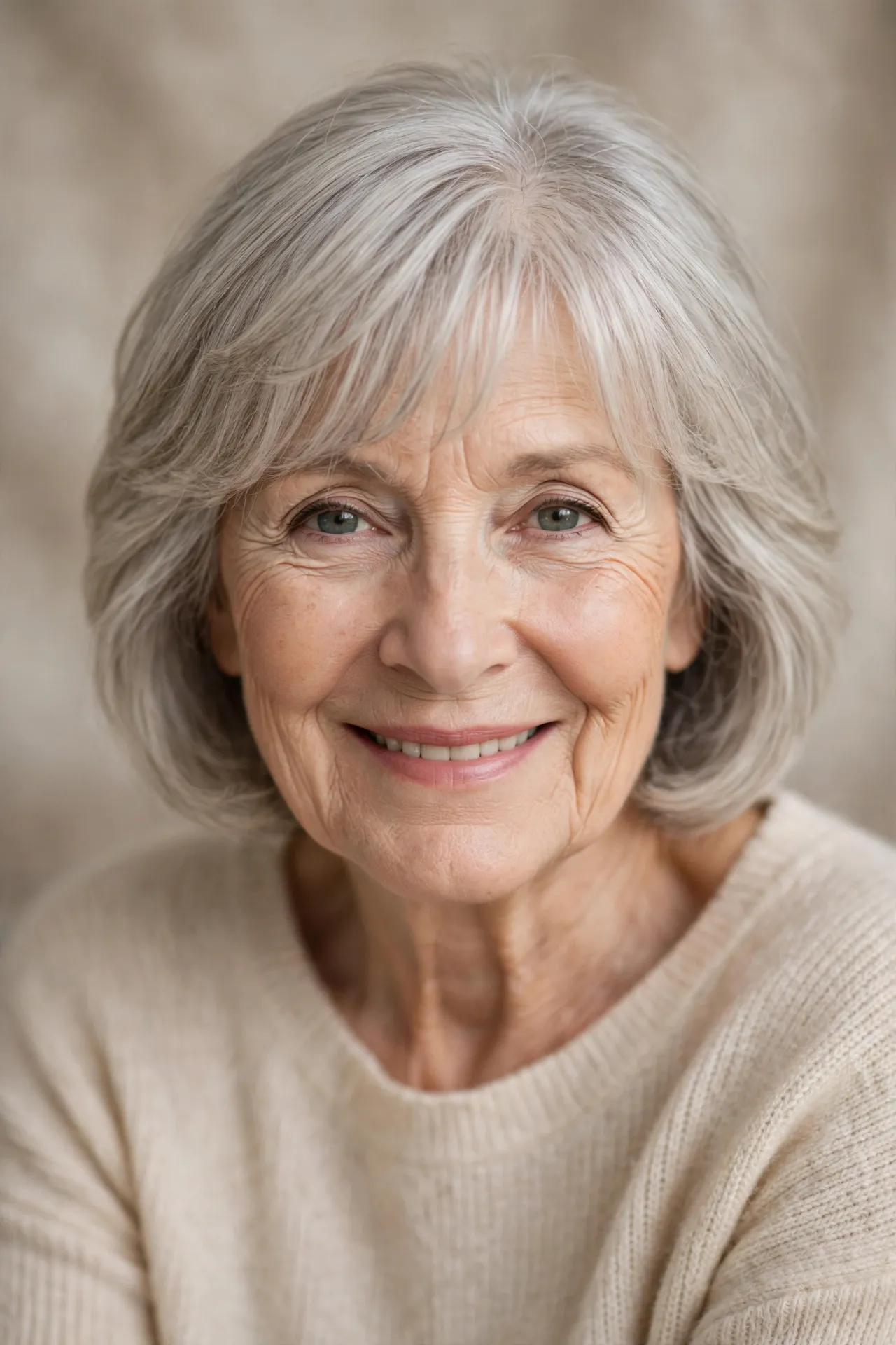 Layered bob with wispy bangs on light gray hair