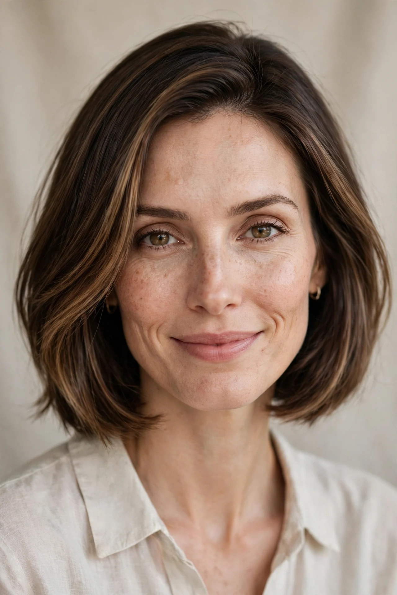 Chin-length lob with soft balayage highlights and a side part