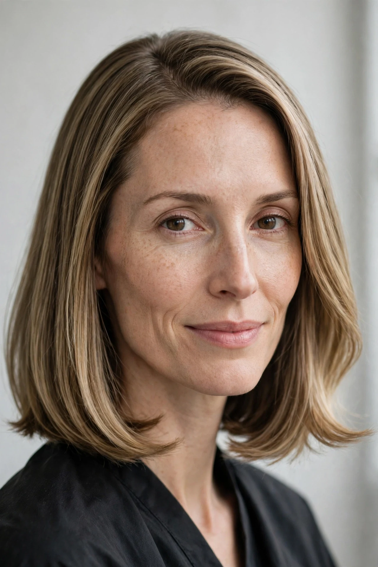 Straight chin-length lob with ends bent outward and a side part