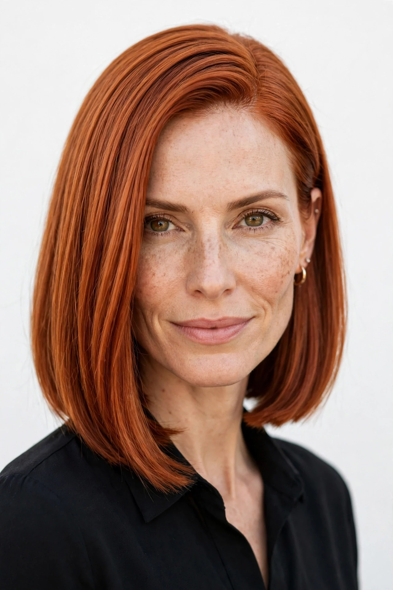 Chin-length lob with blunt ends and a deep side part