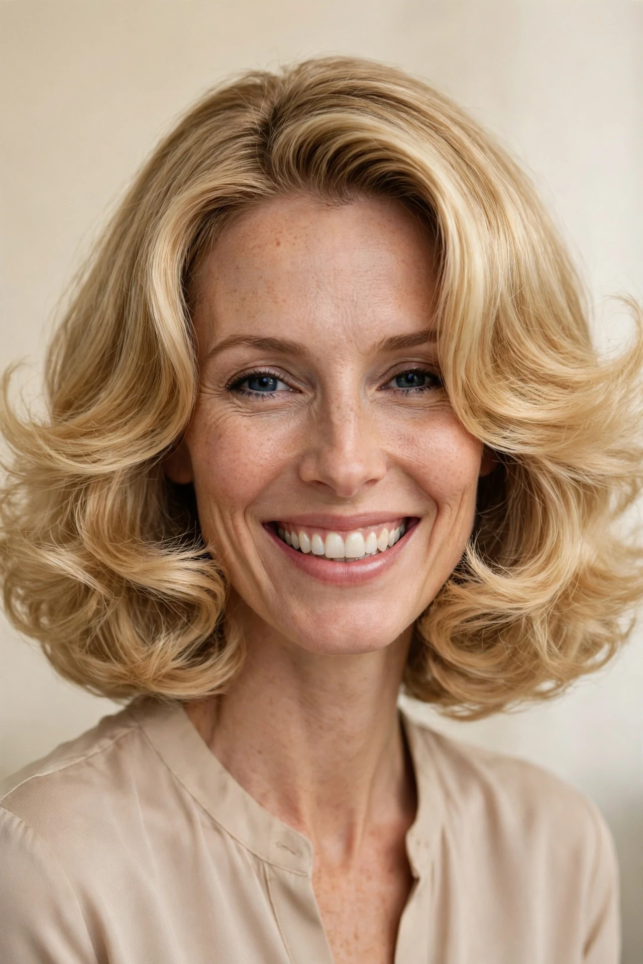 Bouncy blowout chin-length lob with volume at the cheeks