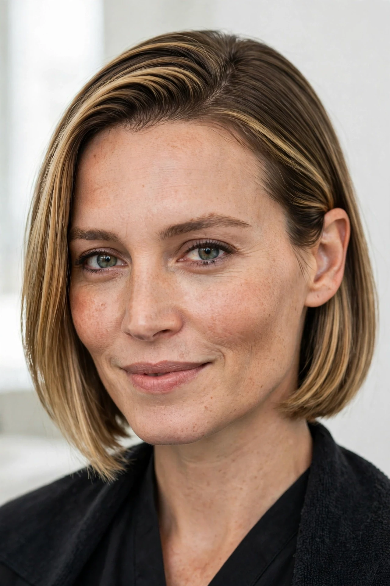 Chin-length long bob haircut for long face with a neat side part