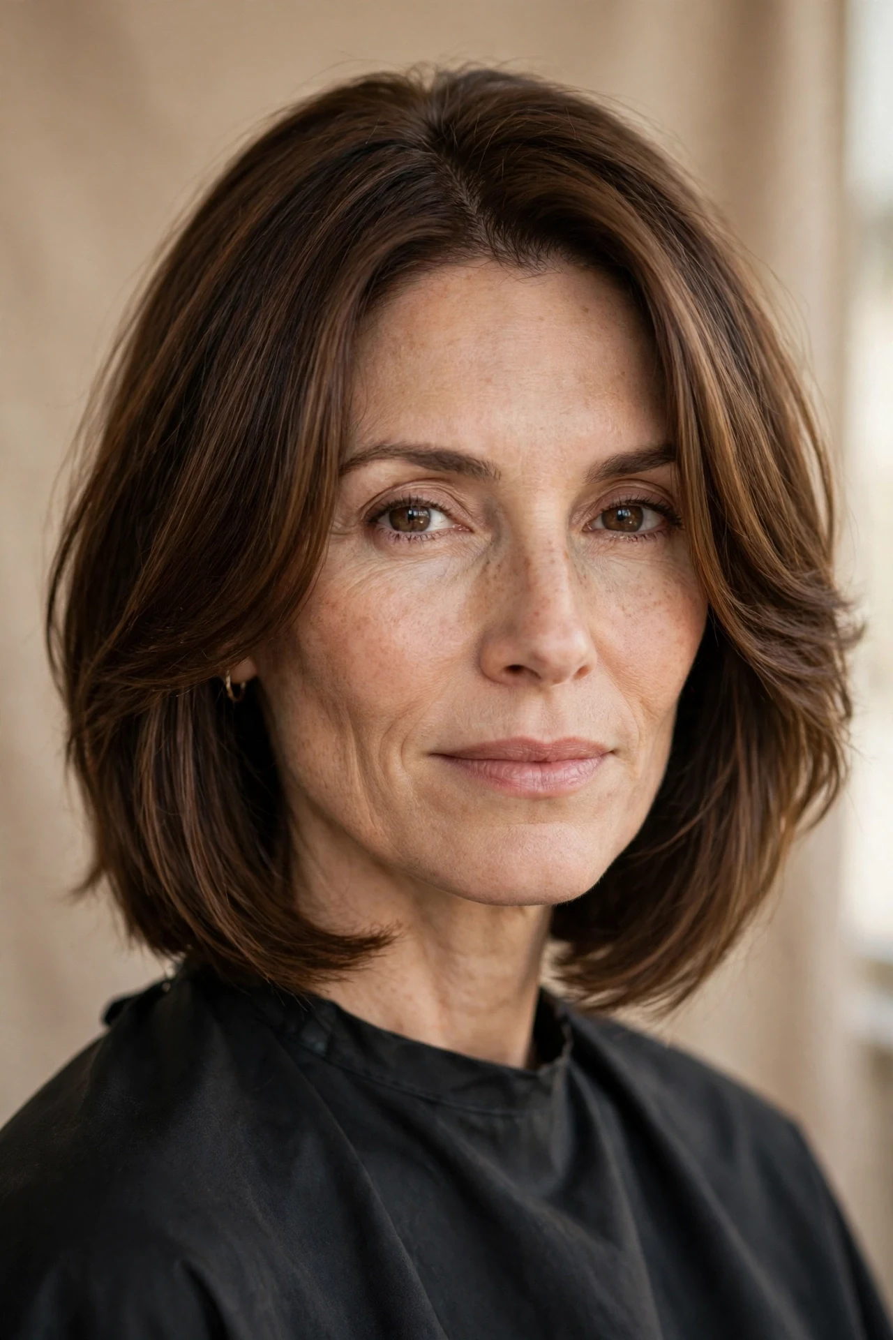 Face-framing layered chin-length lob on a long face