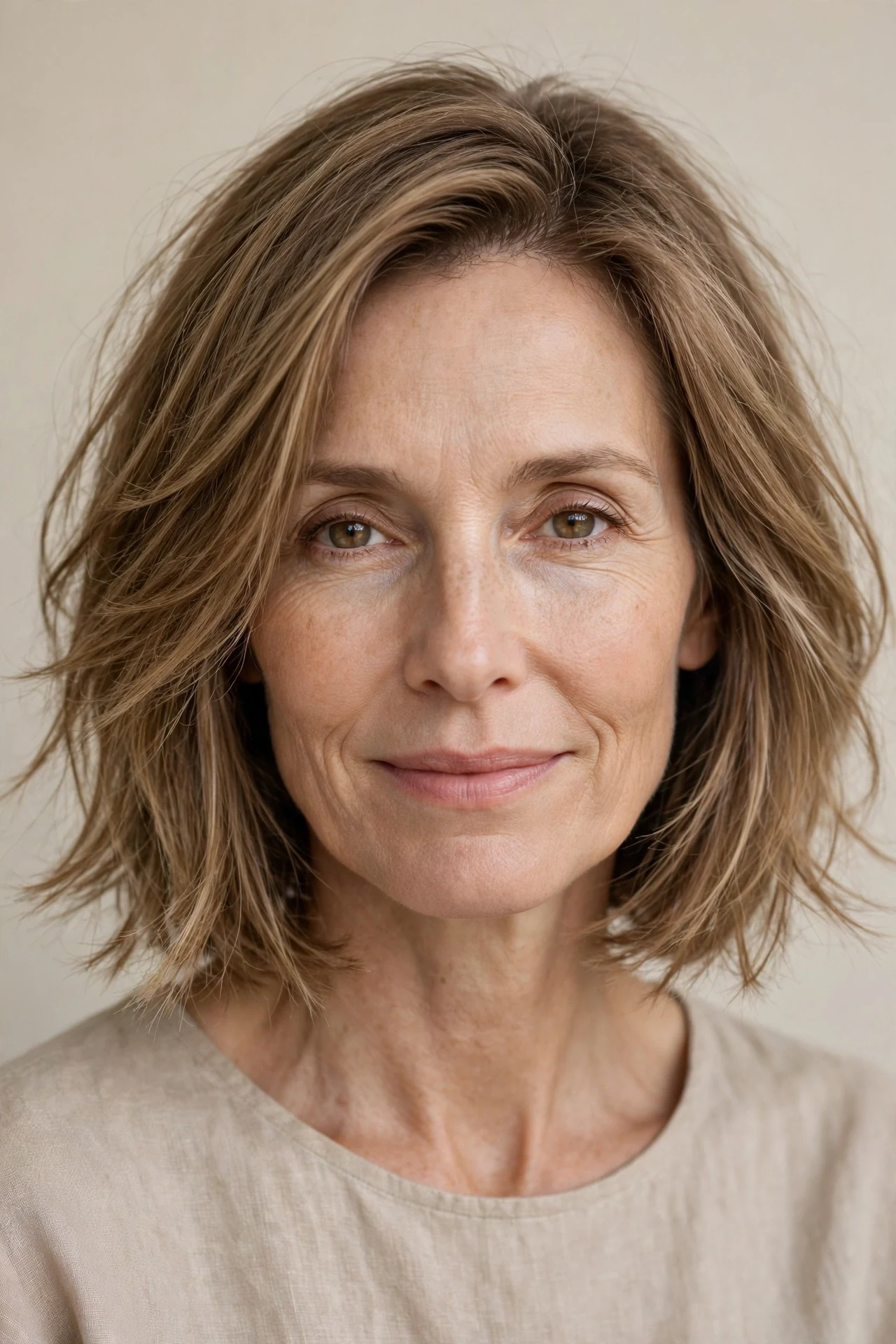 Feathered layered chin-length lob with a side part