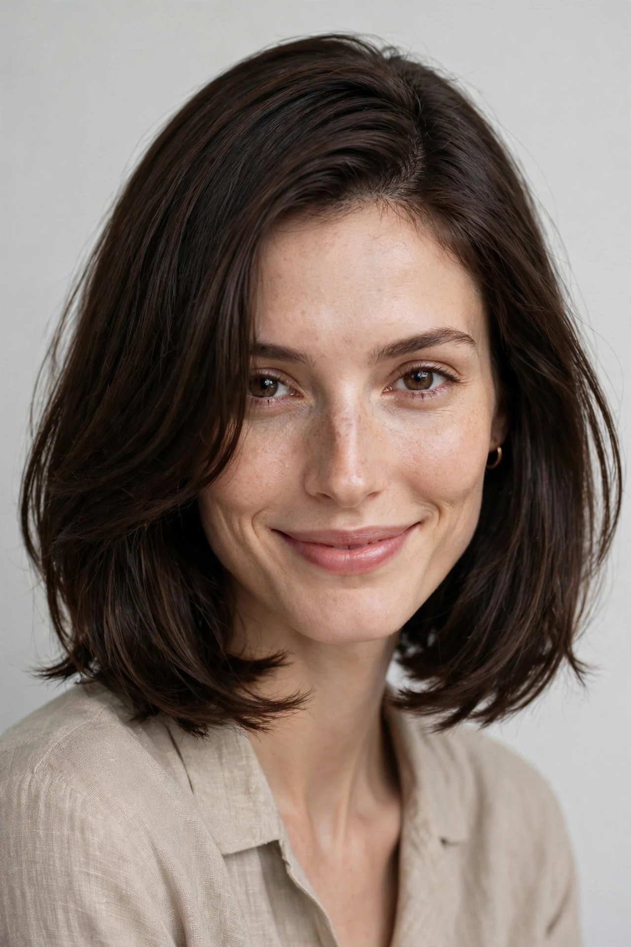 Long bob haircut for long face: chin-length lob with side part and curtain bangs
