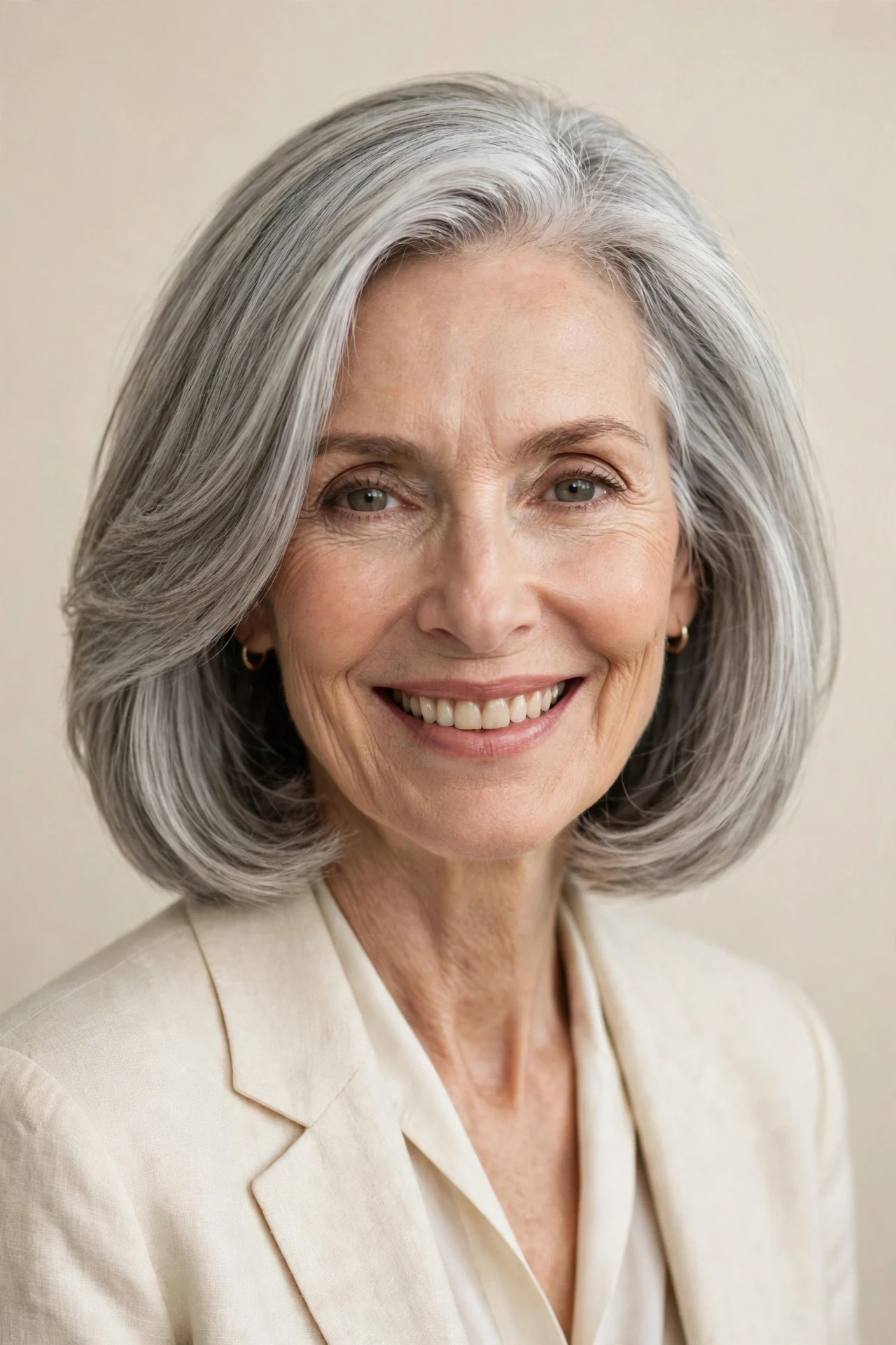 Polished chin-length lob with soft layers for a long face over 50