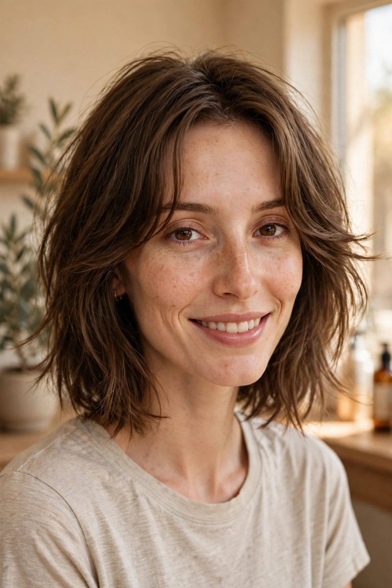 Soft shaggy chin-length lob with gentle layers and a side part