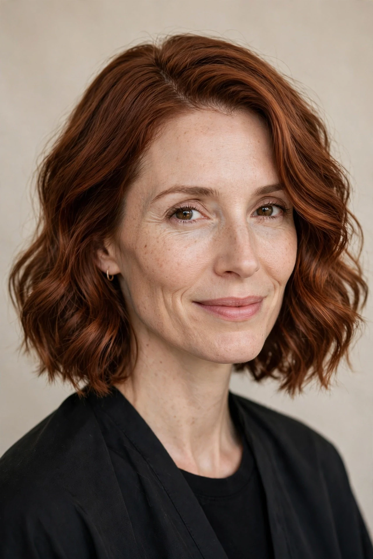 Side-parted wavy chin-length lob adding width at cheek level