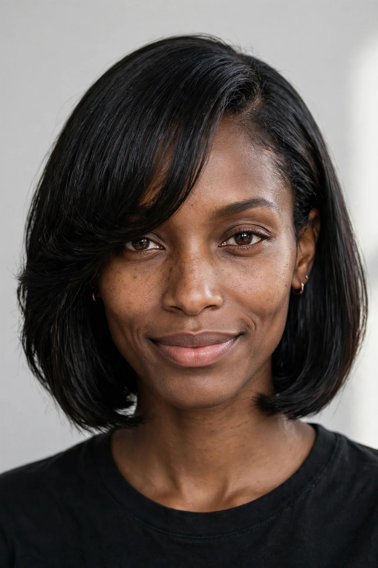 Chin-length lob with long side-swept bangs on a long face