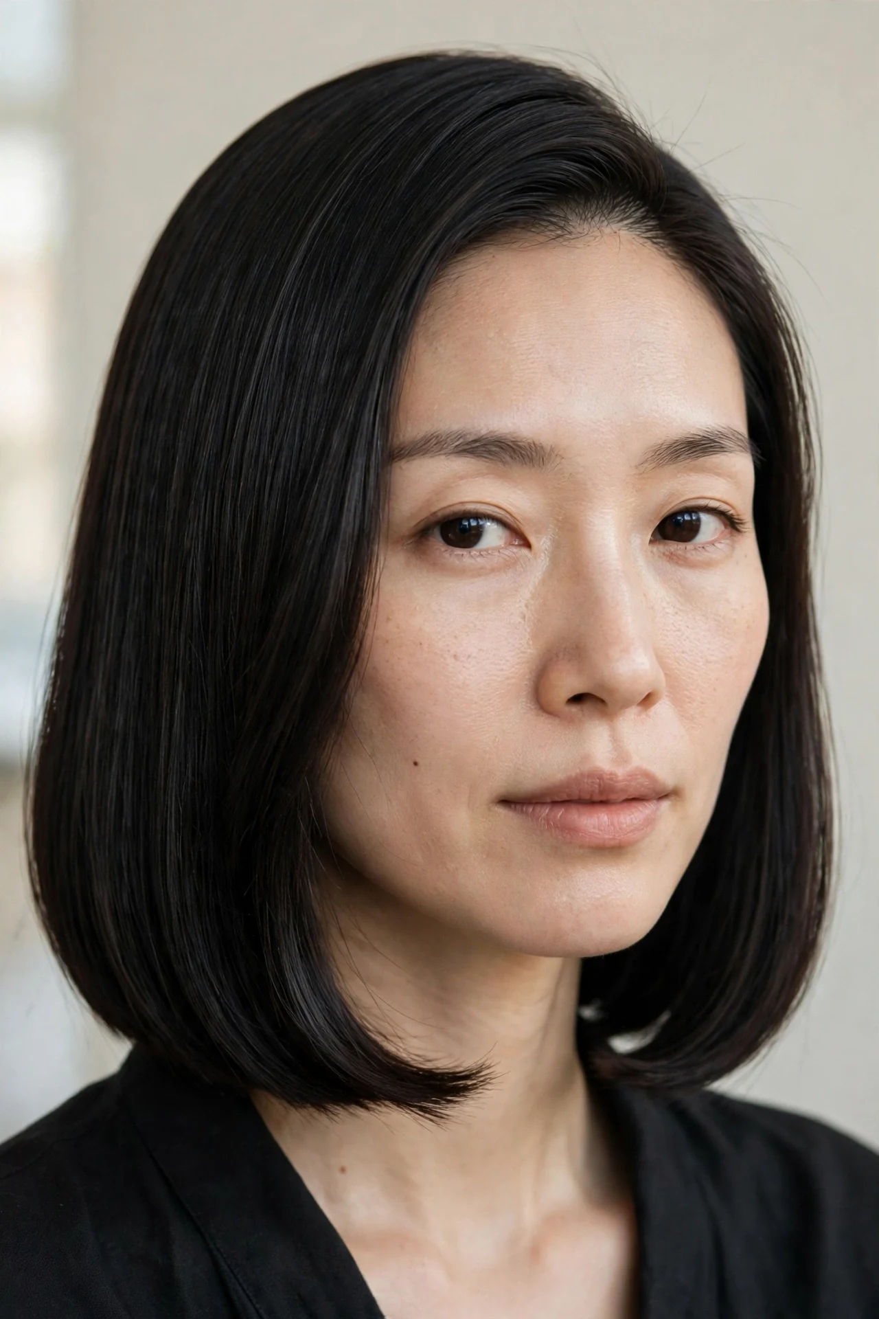 Sleek straight chin-length lob with a deep side part