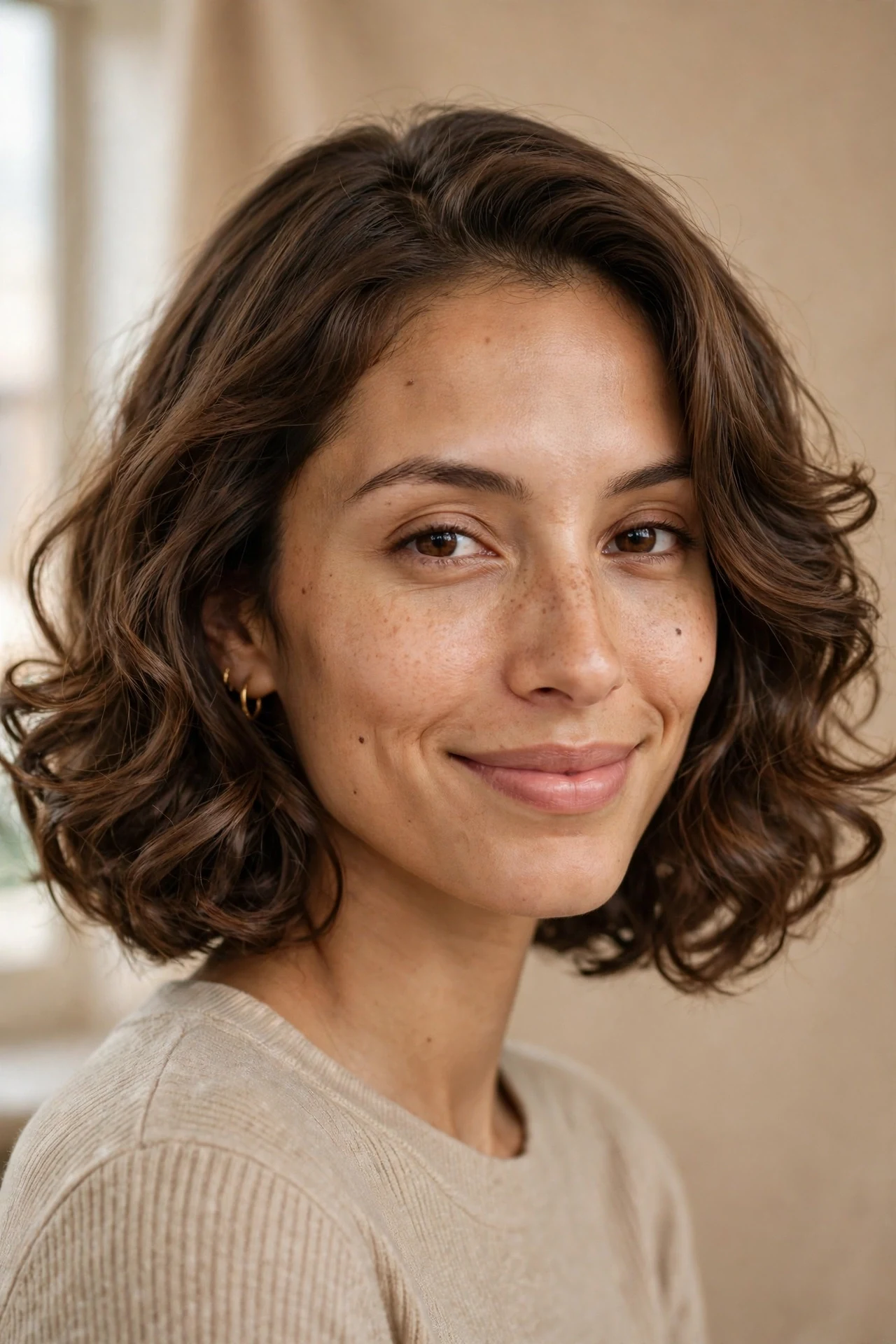 Soft curly chin-length lob with a side part and outward curls
