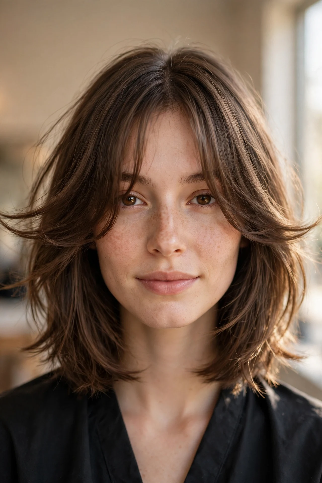 Soft layered chin-length lob with curtain bangs on a long face
