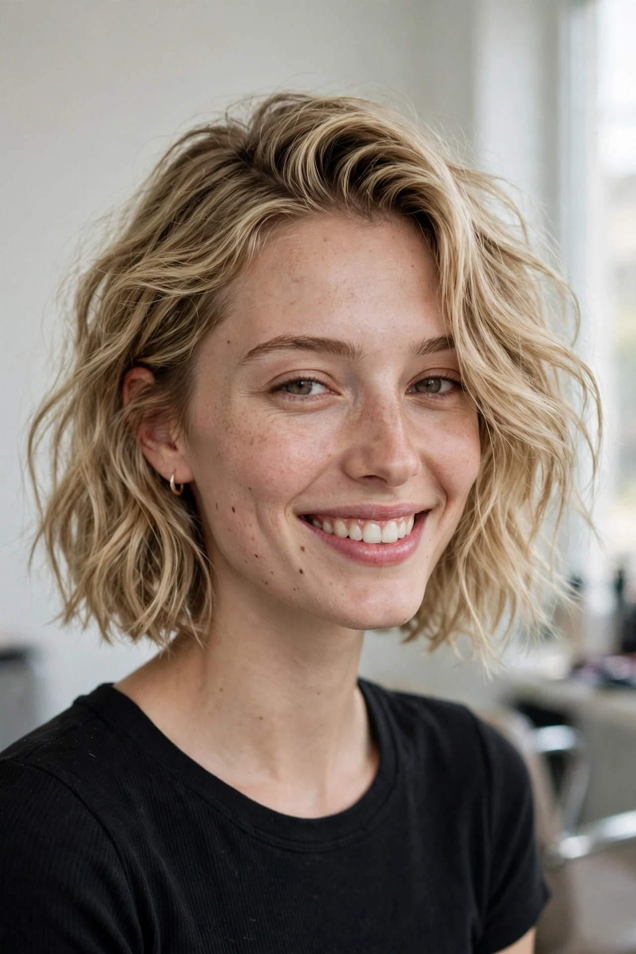 Tousled textured chin-length lob with a side part
